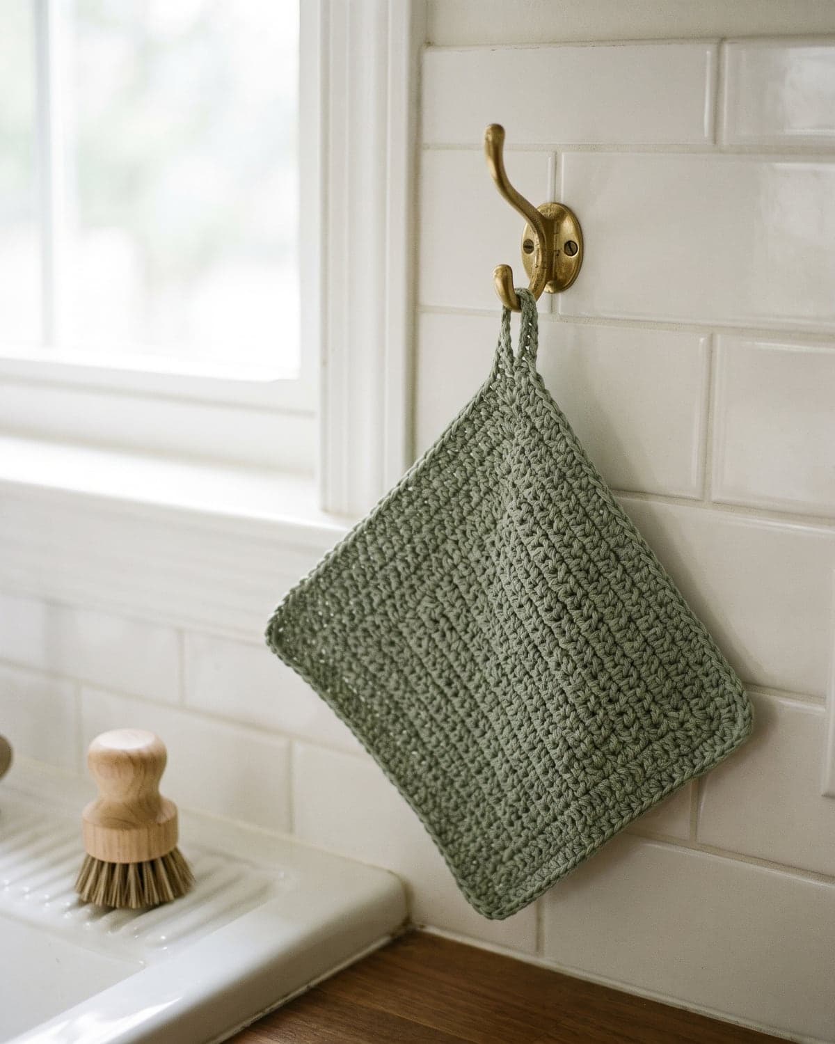 Sage green crochet dishcloth hanging by its corner loop from a brass hook on a white tiled wall