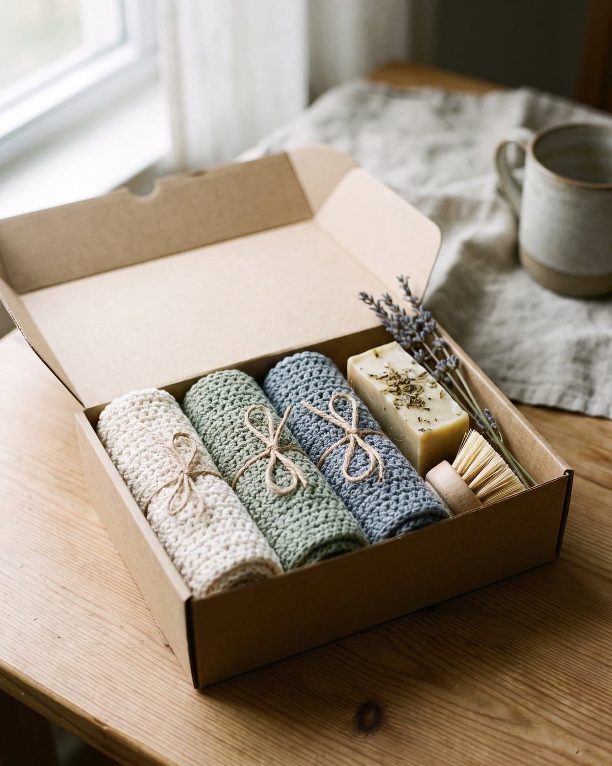 Gift box with three rolled crochet dishcloths, a bar of soap, a dish brush and dried lavender