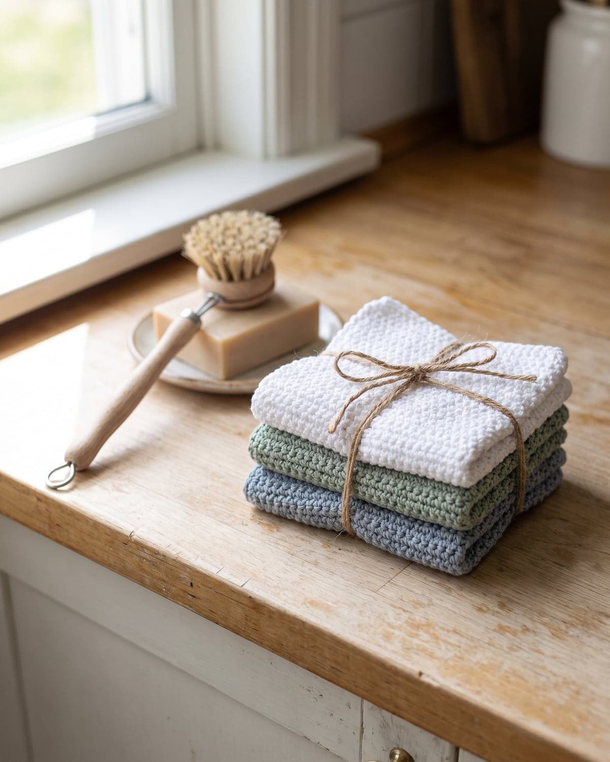 Stack of white, sage and blue-grey crochet dishcloths tied with twine beside a wooden dish brush and soap