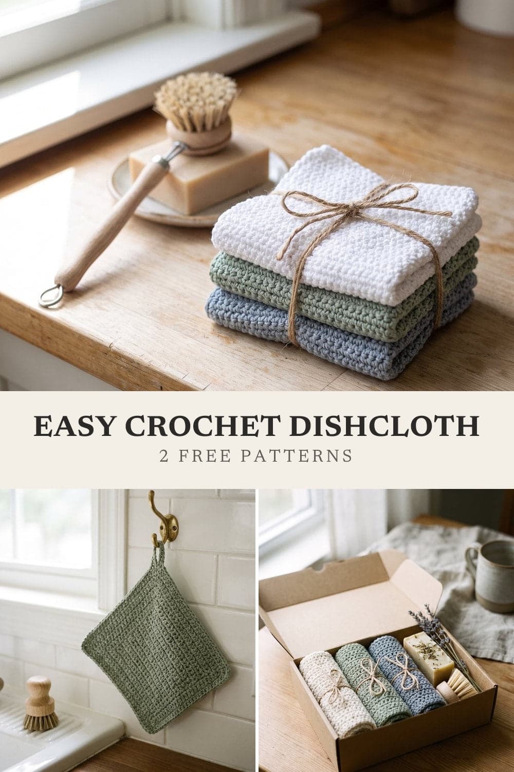 Pin graphic: Easy Crochet Dishcloth: 2 Free Patterns for Beginners