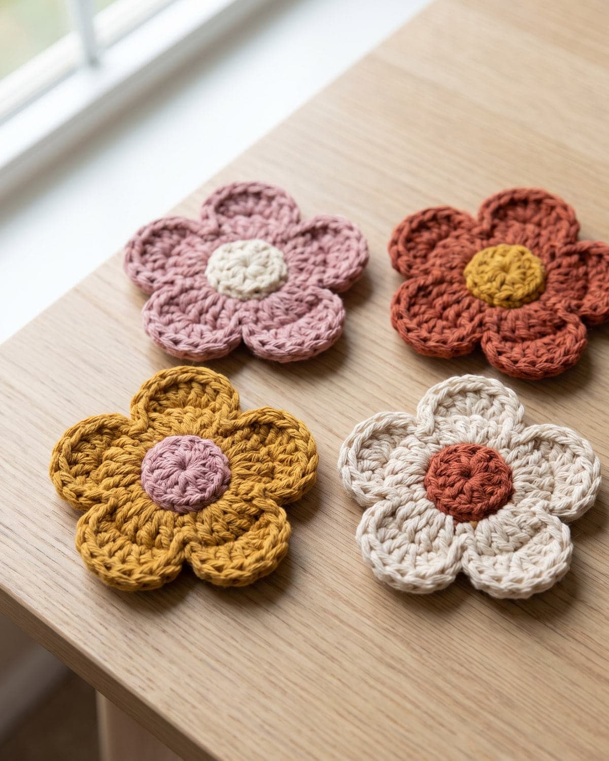 Four flat crochet flowers with five rounded petals in pink, terracotta, mustard and cream