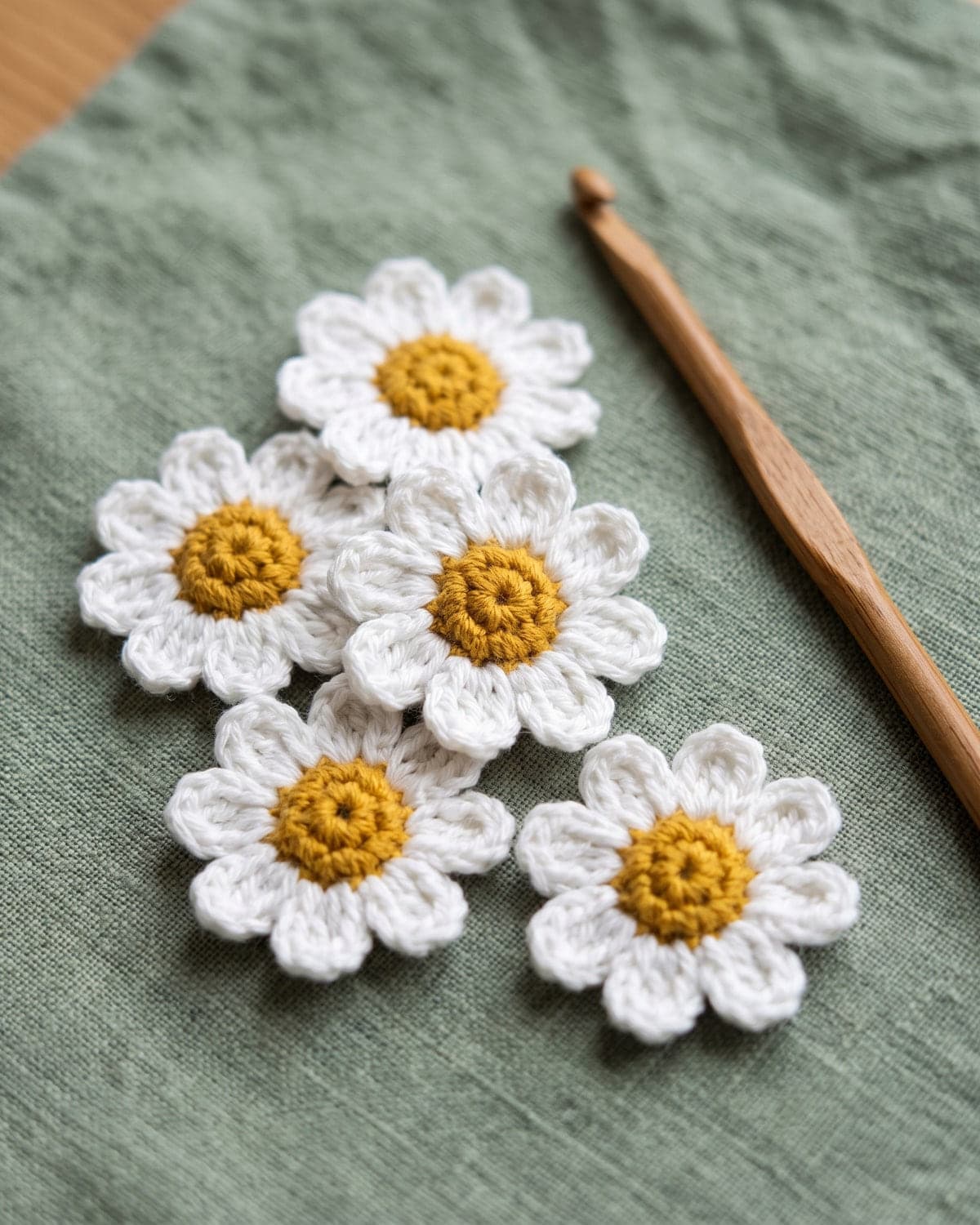 White crochet daisies with mustard yellow centres on a sage green cloth
