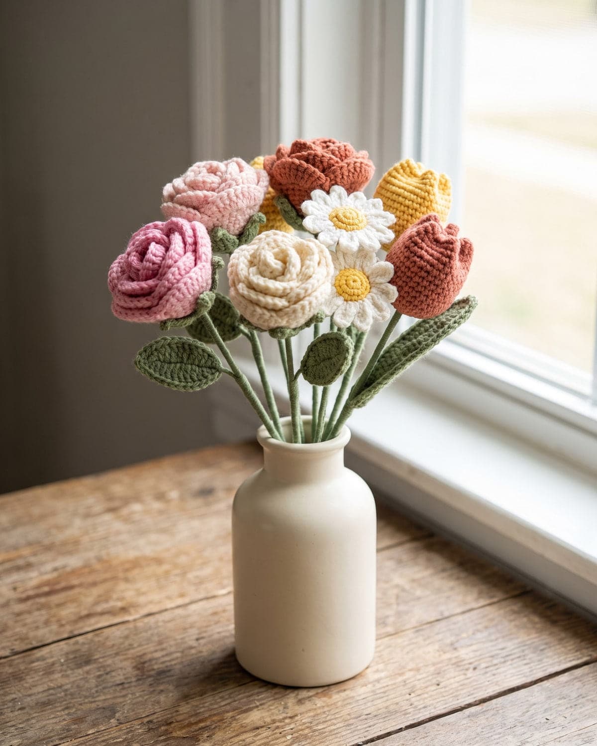 Bouquet of crochet roses, daisies and tulips on green stems in a cream ceramic vase