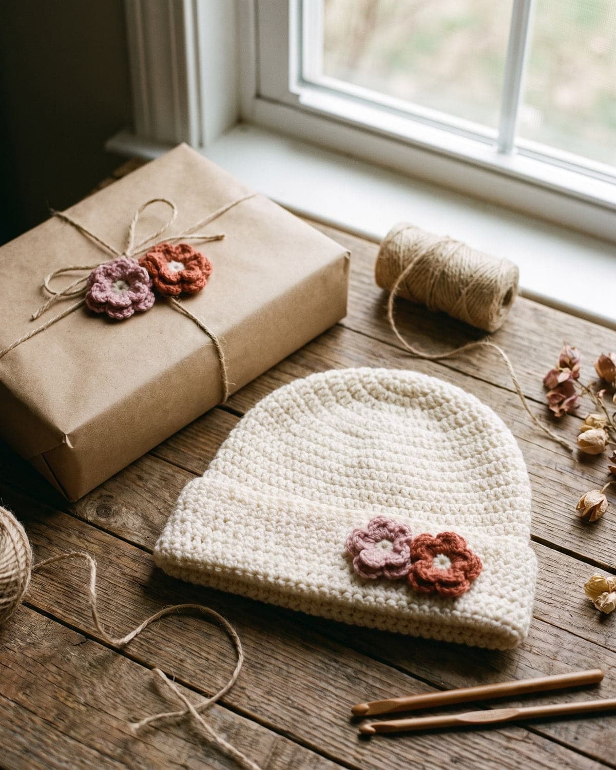Cream crochet beanie and a gift wrapped in kraft paper, each decorated with small crochet flowers