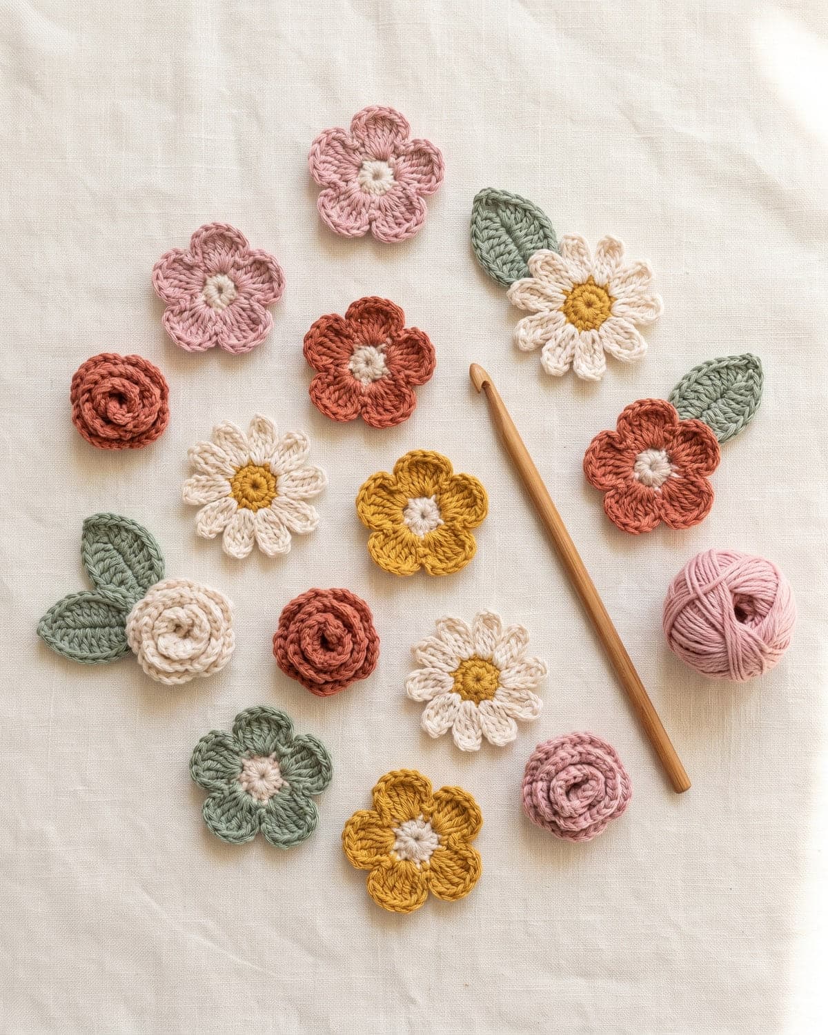 Small crochet flowers, daisies, rolled roses and leaves in pink, terracotta, cream and mustard scattered on linen