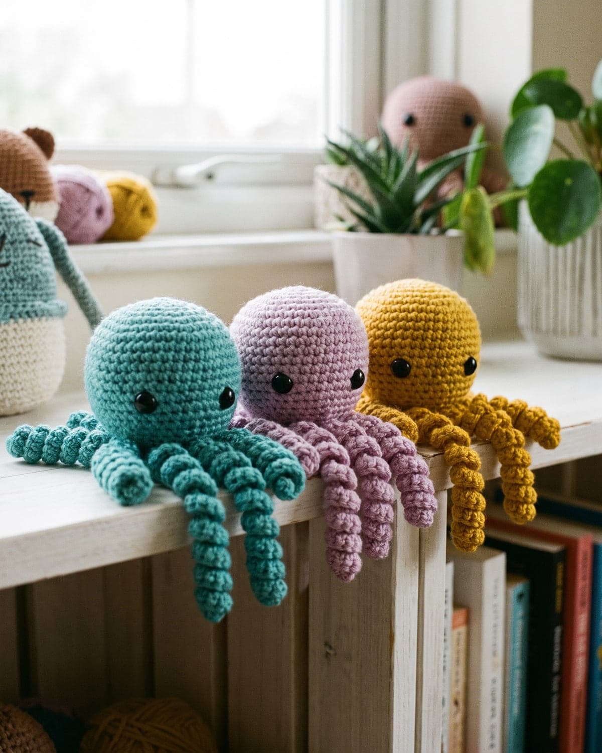 Three small crochet octopuses in teal, lilac and mustard yellow sitting on a white shelf