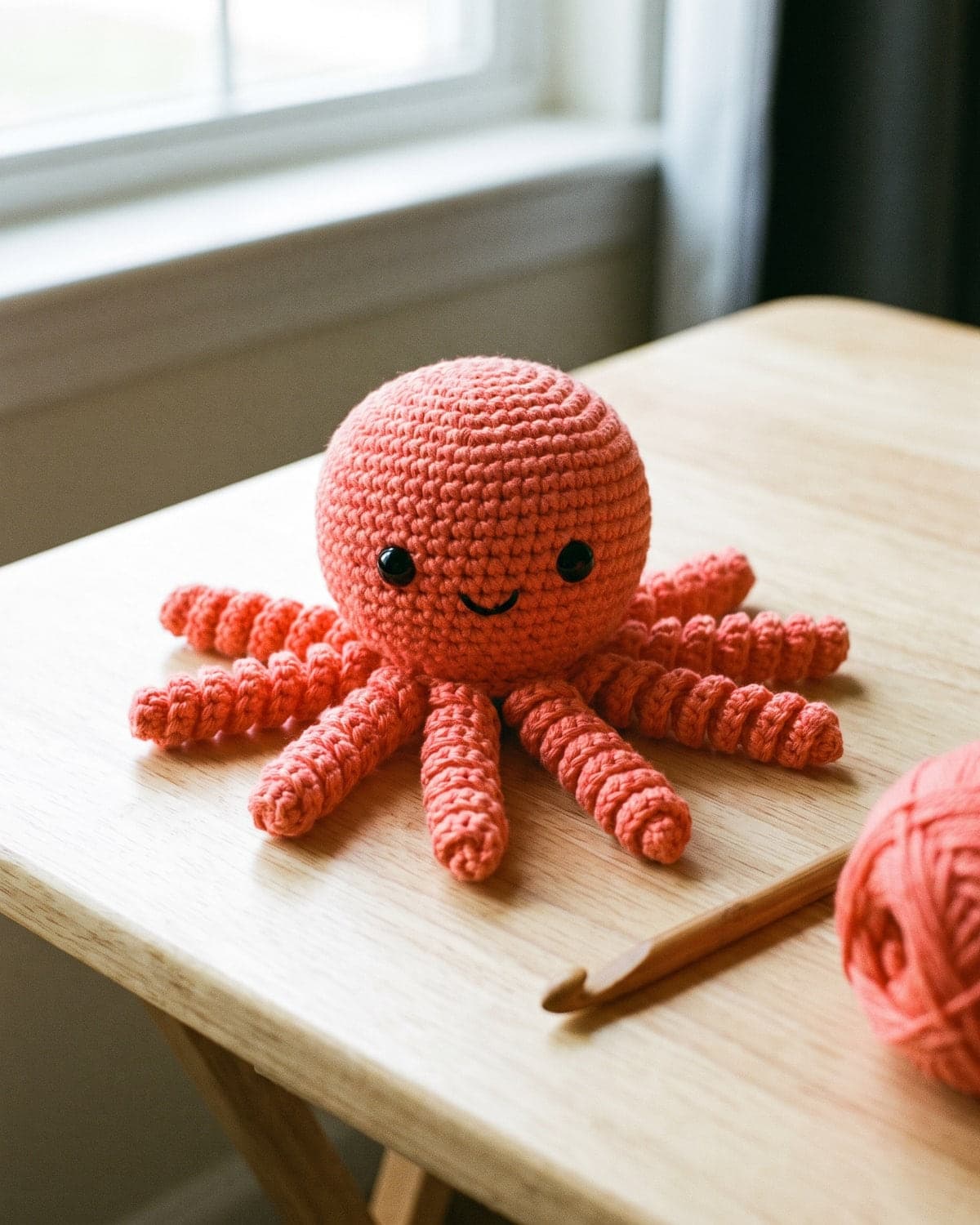 Coral crochet amigurumi octopus with a round head, black safety eyes, a stitched smile and curly tentacles on a wooden table