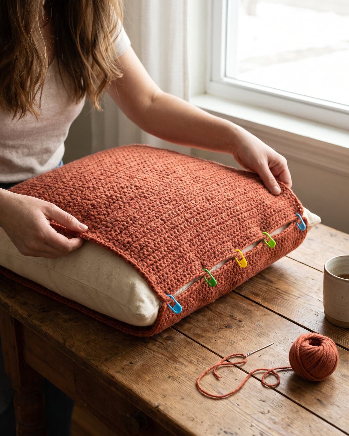 Hands folding a terracotta crochet cover around a pillow, with stitch markers holding the side seam