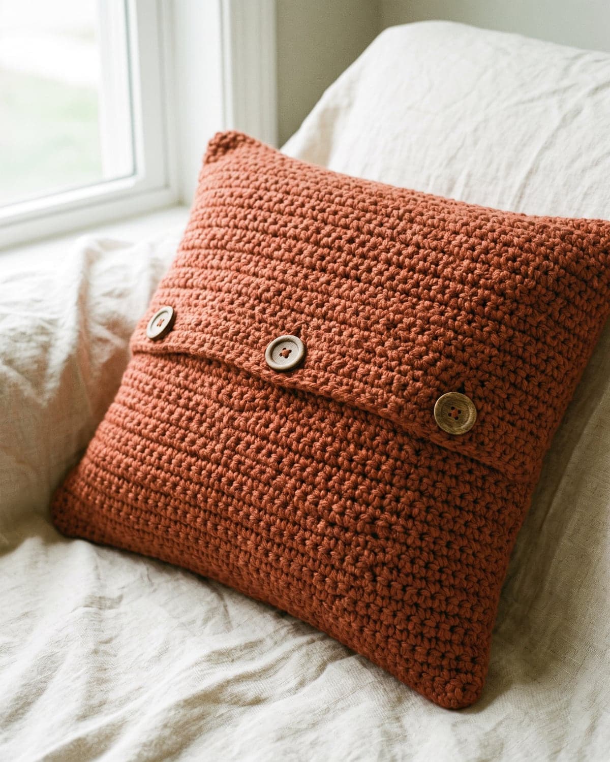 Back of a terracotta crochet pillow cover with an overlapping flap fastened by three wooden buttons