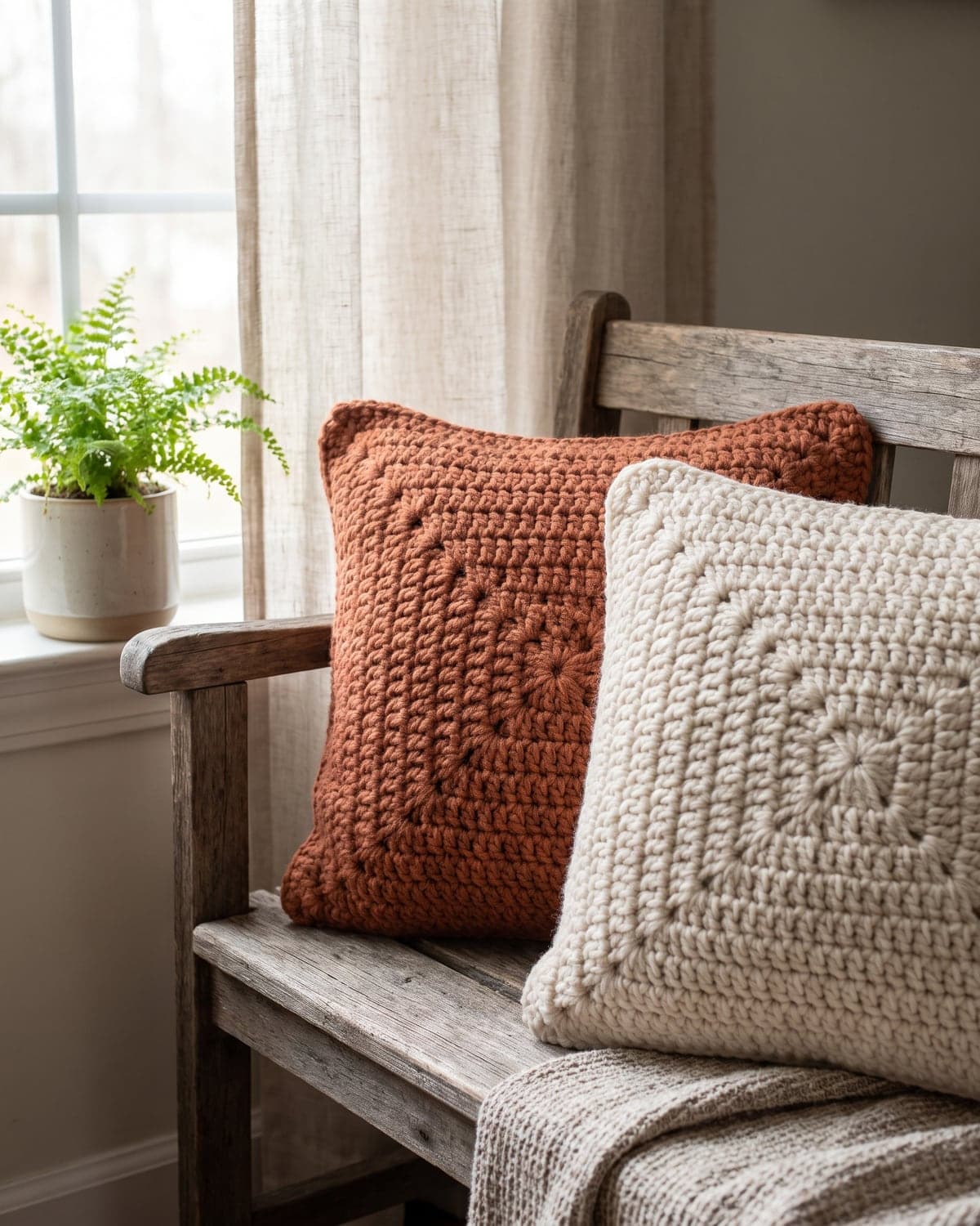 Terracotta and cream crochet pillows on a wooden bench beside a window and a fern