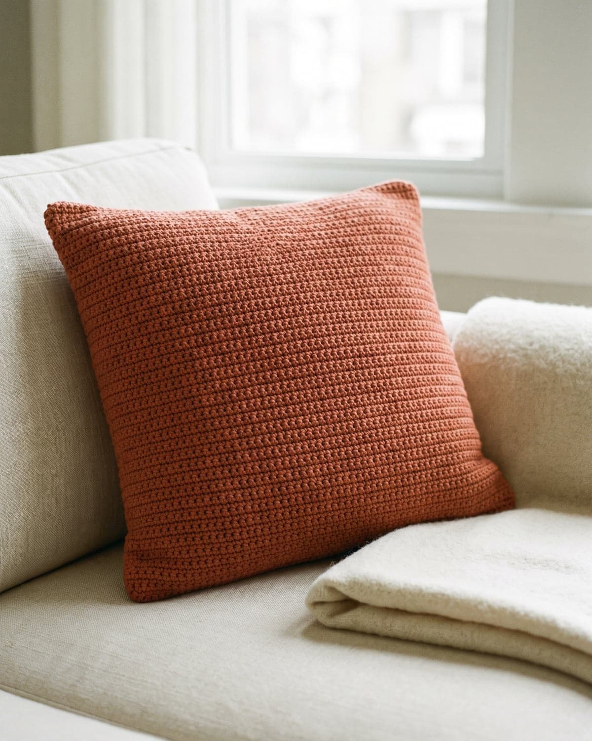 Square terracotta crochet pillow cover on a cream sofa beside a folded cream throw