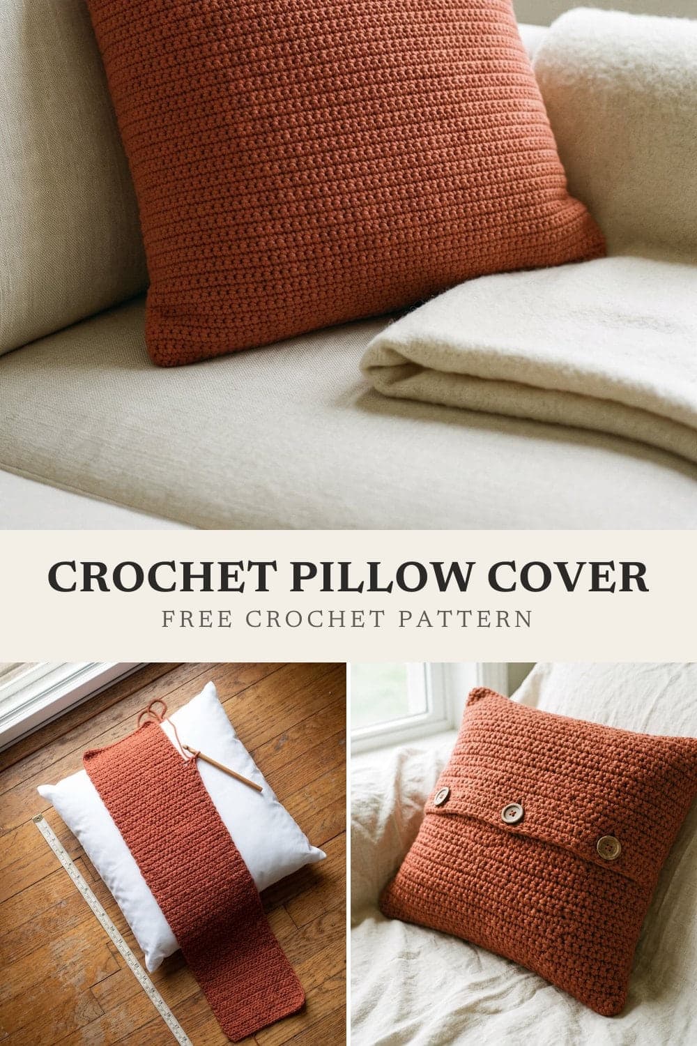 Pin graphic: Easy Crochet Pillow Cover: Free Envelope Pattern, No Zipper