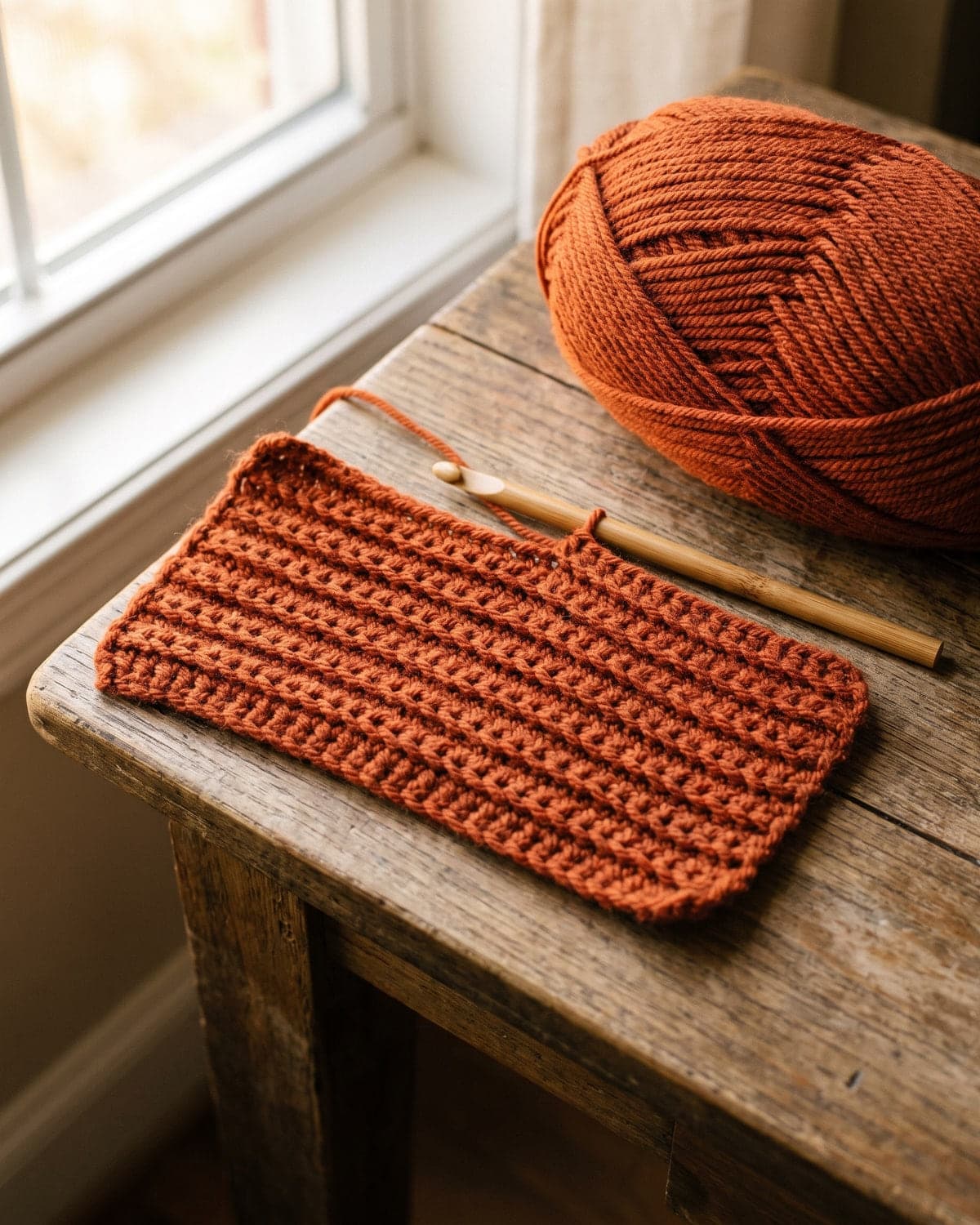 Flat ribbed crochet rectangle in burnt orange yarn with a bamboo hook