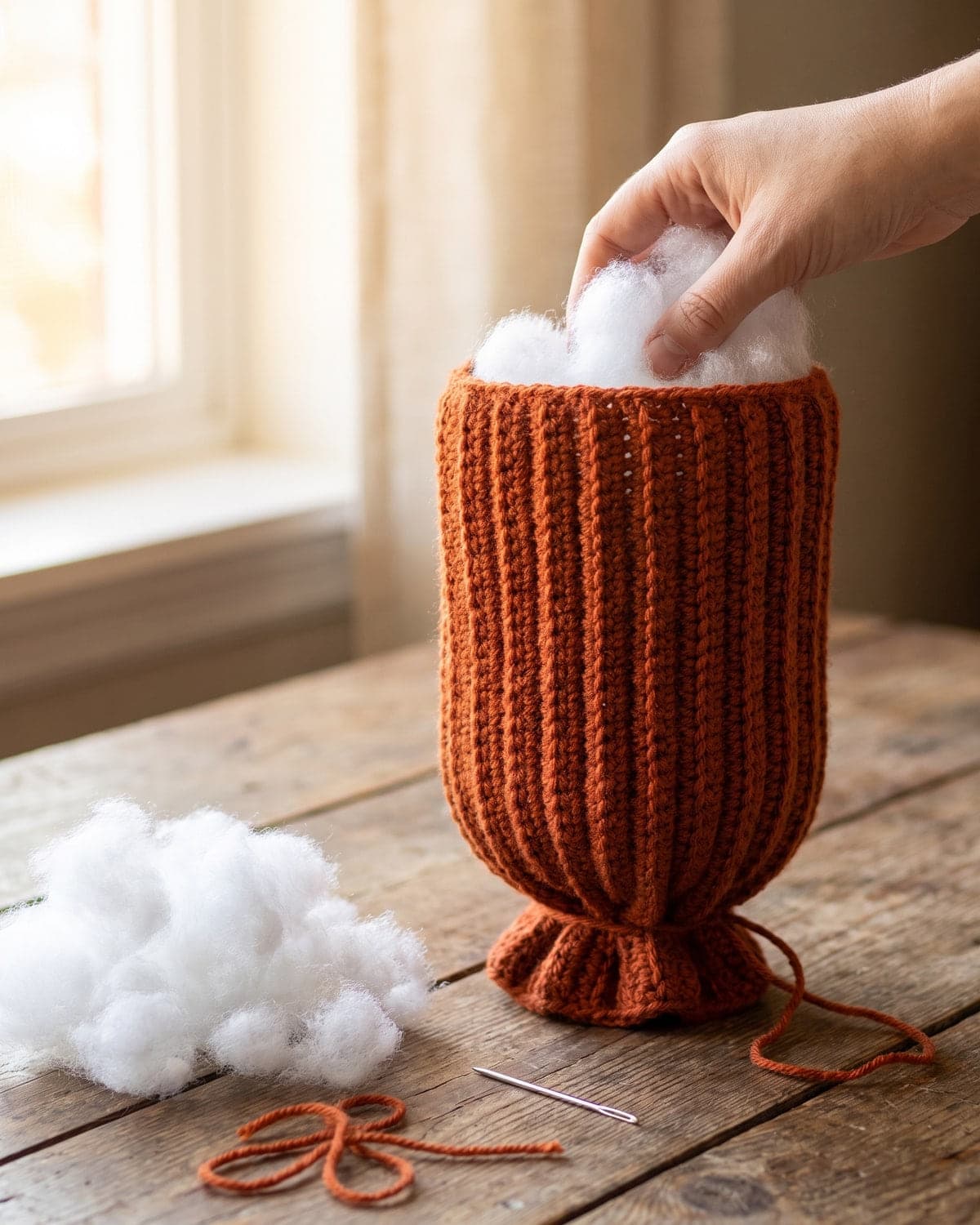 Hand filling a ribbed orange crochet tube with white stuffing