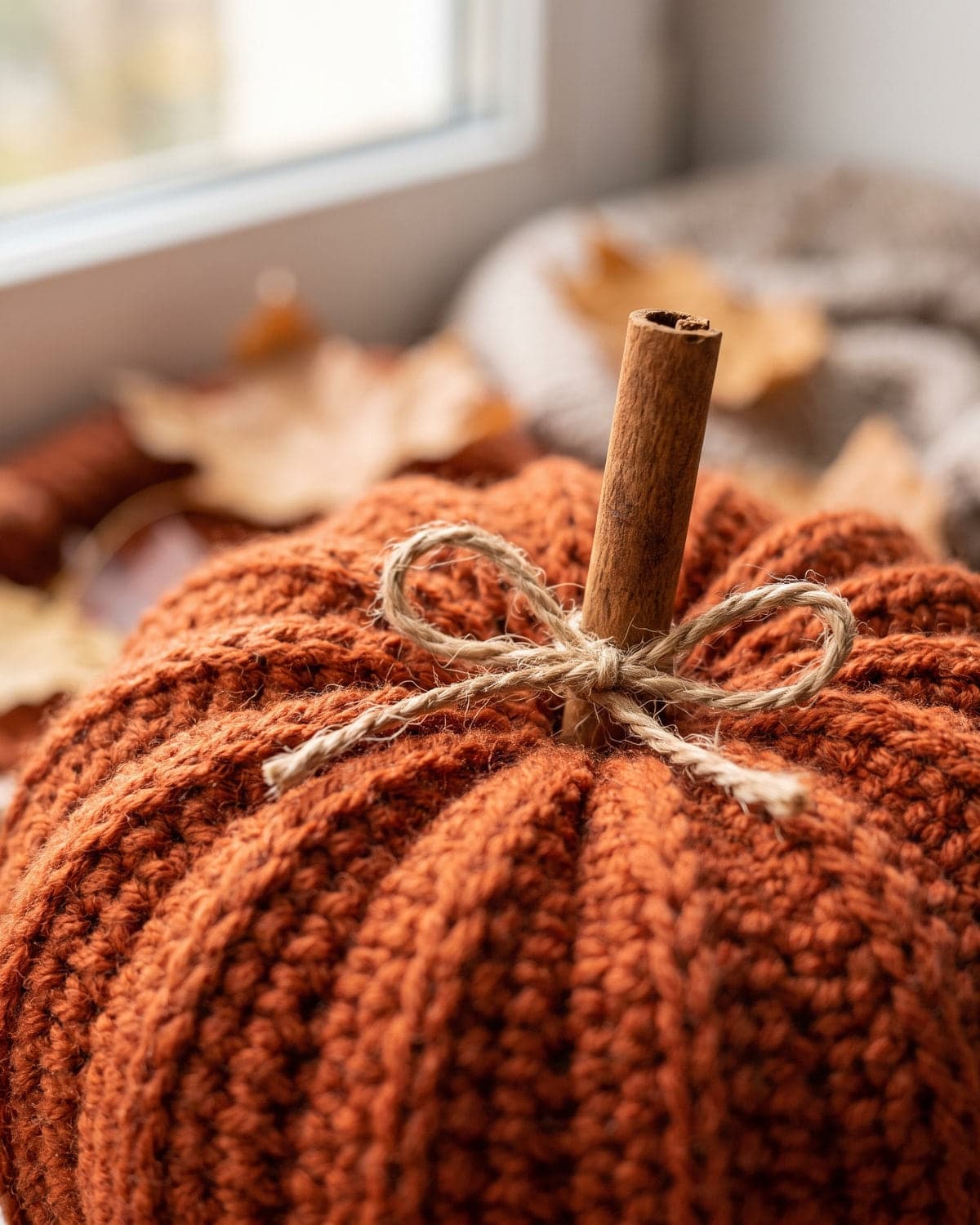 Close-up of a cinnamon stick stem and jute twine bow on an orange crochet pumpkin