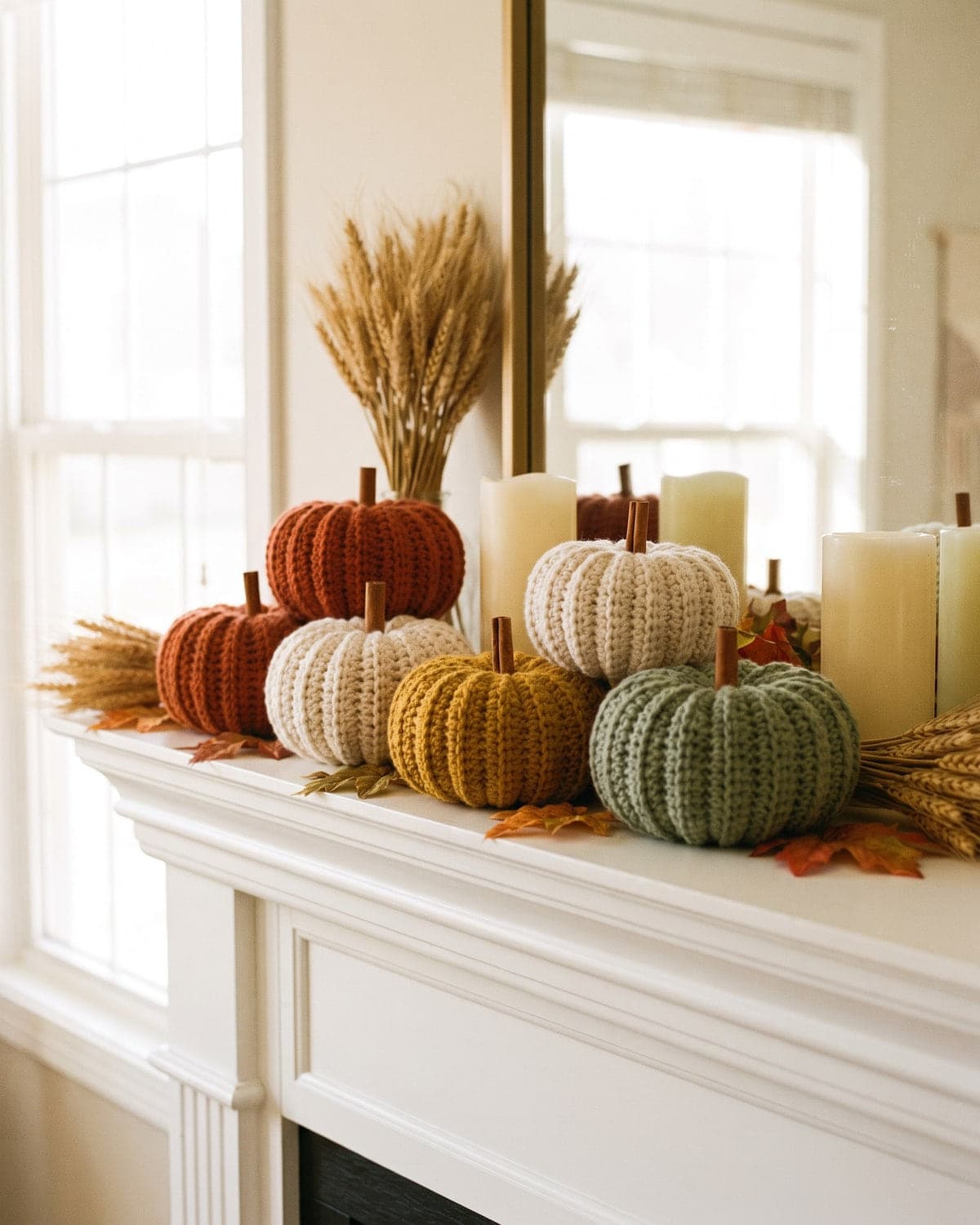 Crochet pumpkins in orange, cream, mustard and sage on a white mantel with candles and dried wheat