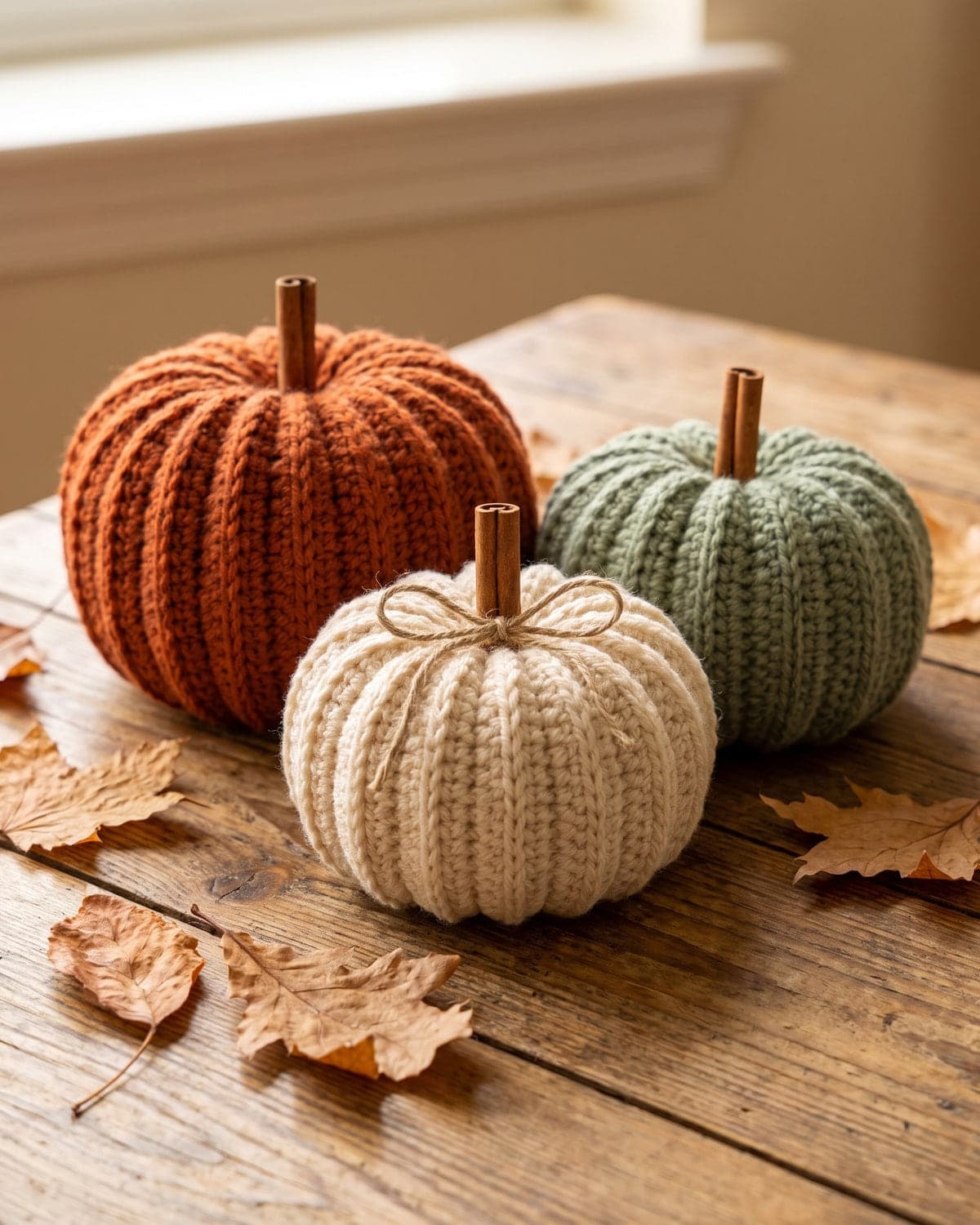 Three crochet pumpkins in burnt orange, cream and sage green with cinnamon stick stems on a wooden table