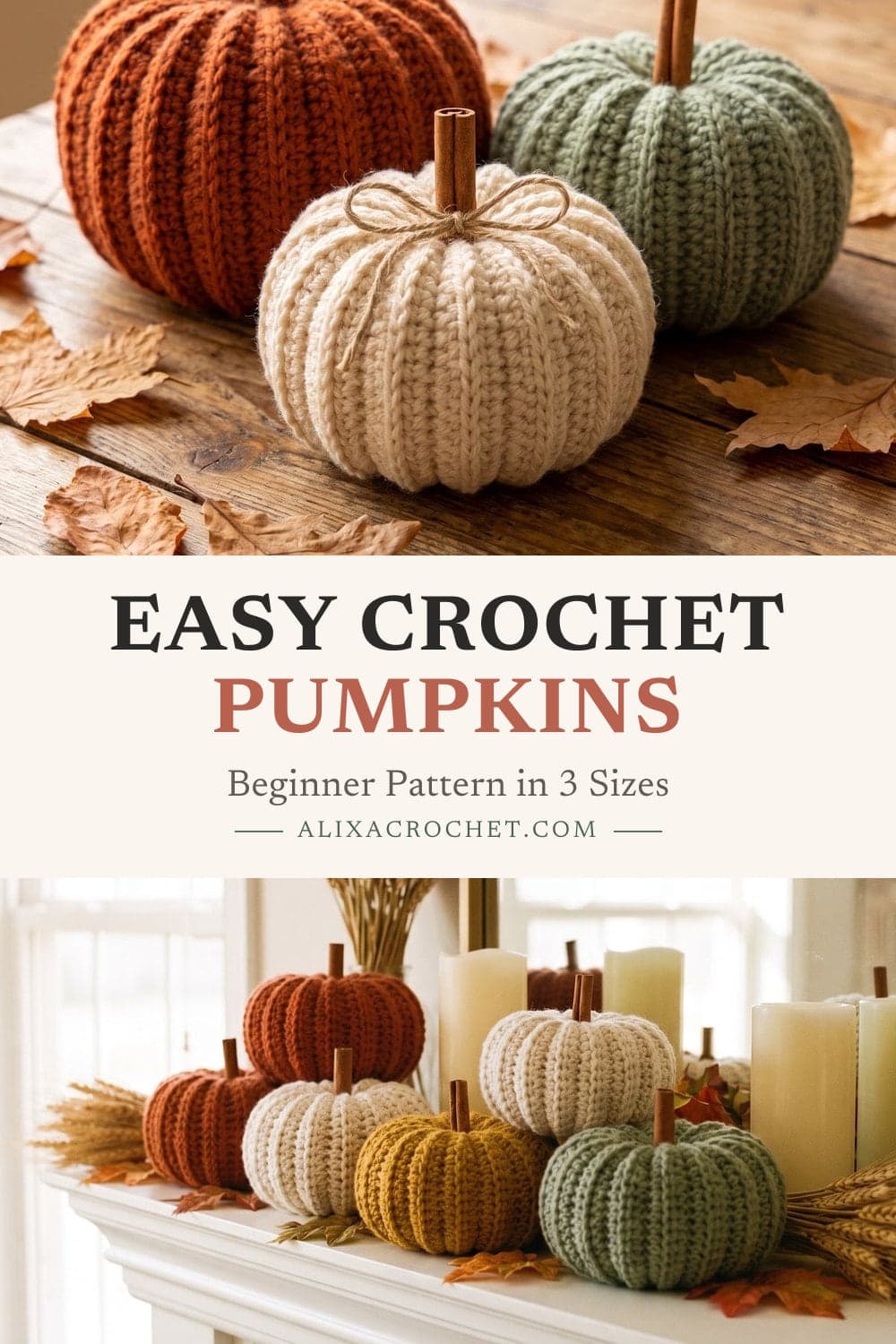 Pin graphic: Easy Crochet Pumpkins: Beginner Pattern in 3 Sizes