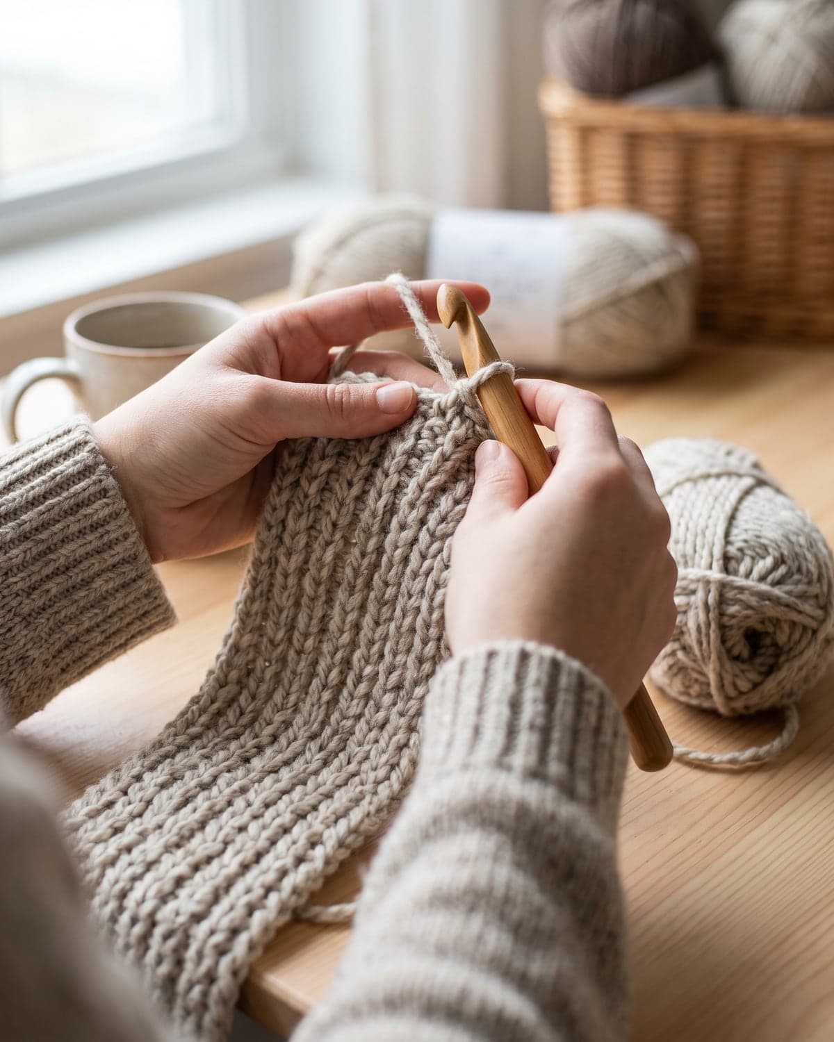 Hands crocheting a chunky oatmeal scarf with a large wooden hook beside a ball of yarn