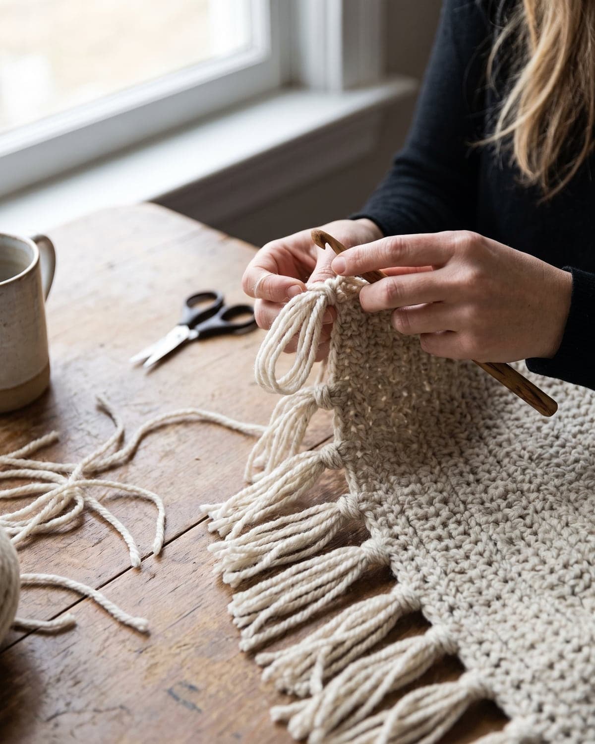 Hands knotting fringe onto the end of a chunky oatmeal crochet scarf with a wooden hook