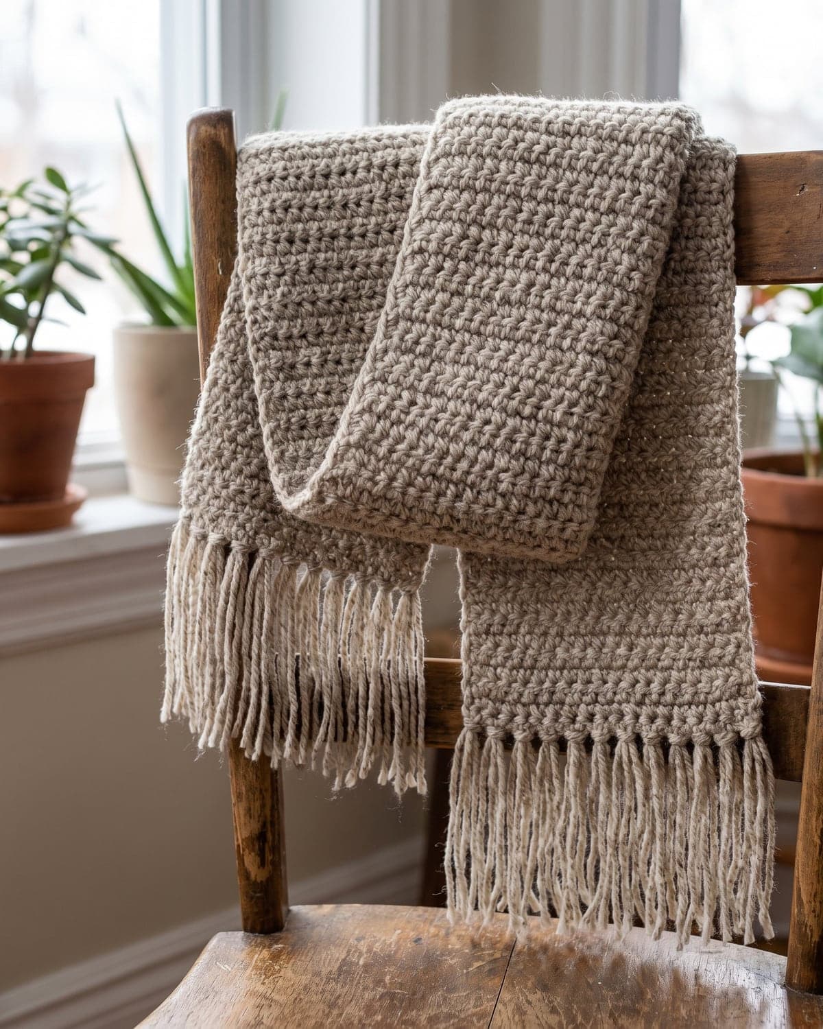 Chunky oatmeal crochet scarf with fringe draped over the back of a wooden chair by a window