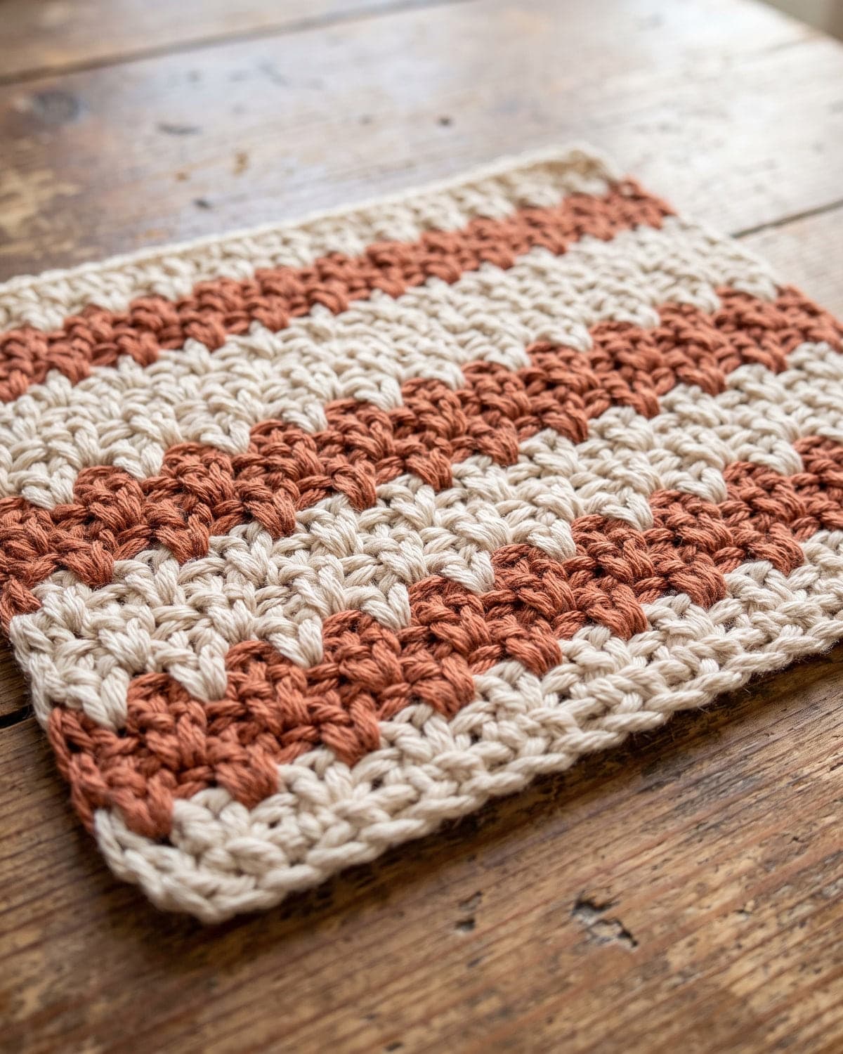 Textured crochet swatch in cream and terracotta stripes on a wooden table