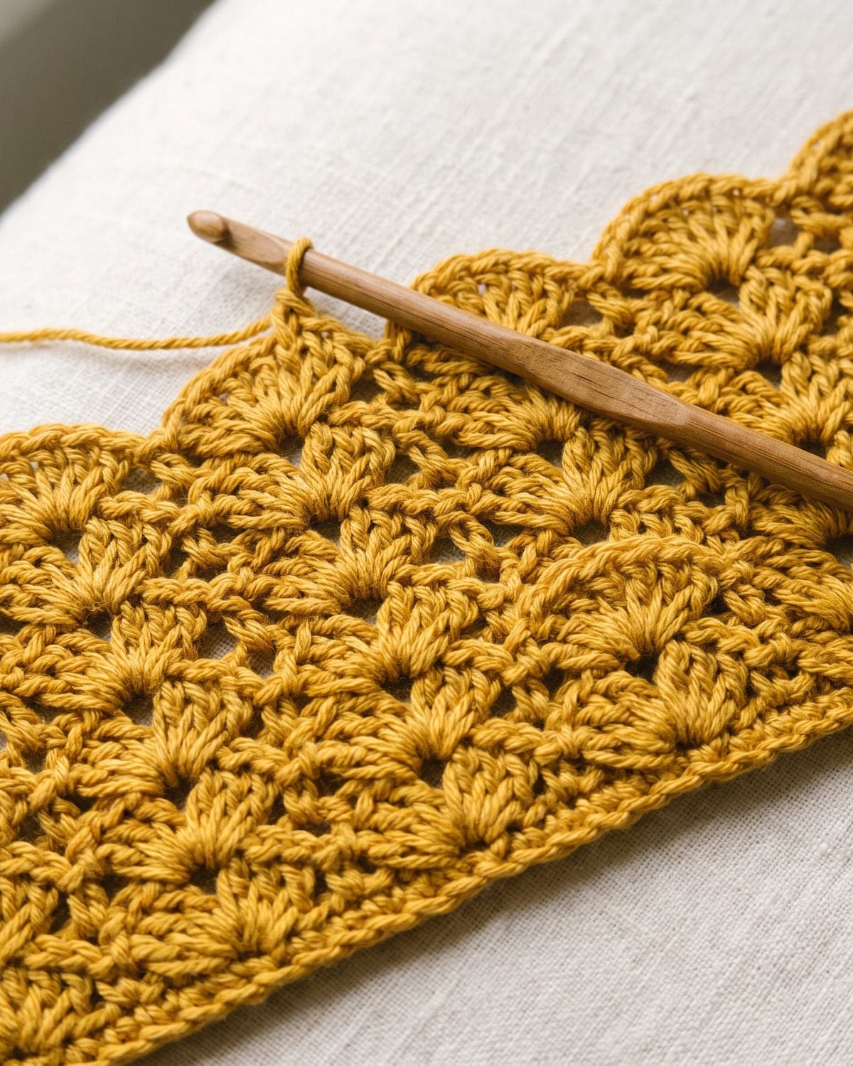 Mustard yellow crochet swatch in a fan-shaped shell pattern with a scalloped edge