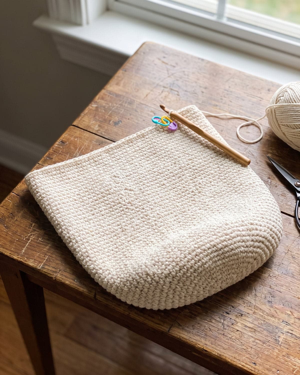 Cream crochet tote bag body in progress, a seamless tube of single crochet with stitch markers and a hook at the top edge