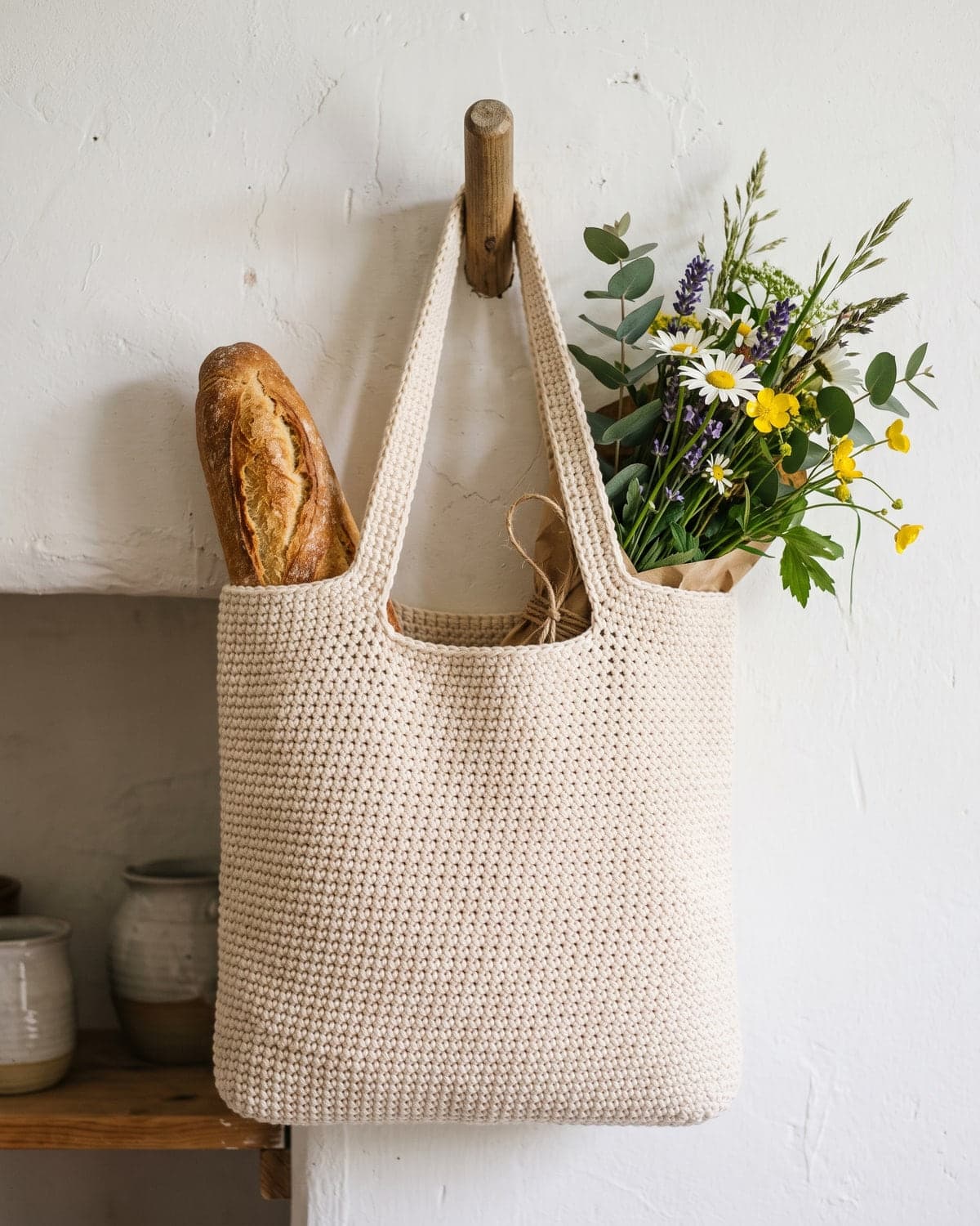 Cream crochet tote bag with built-in handles hanging on a wooden peg, holding a baguette and wildflowers