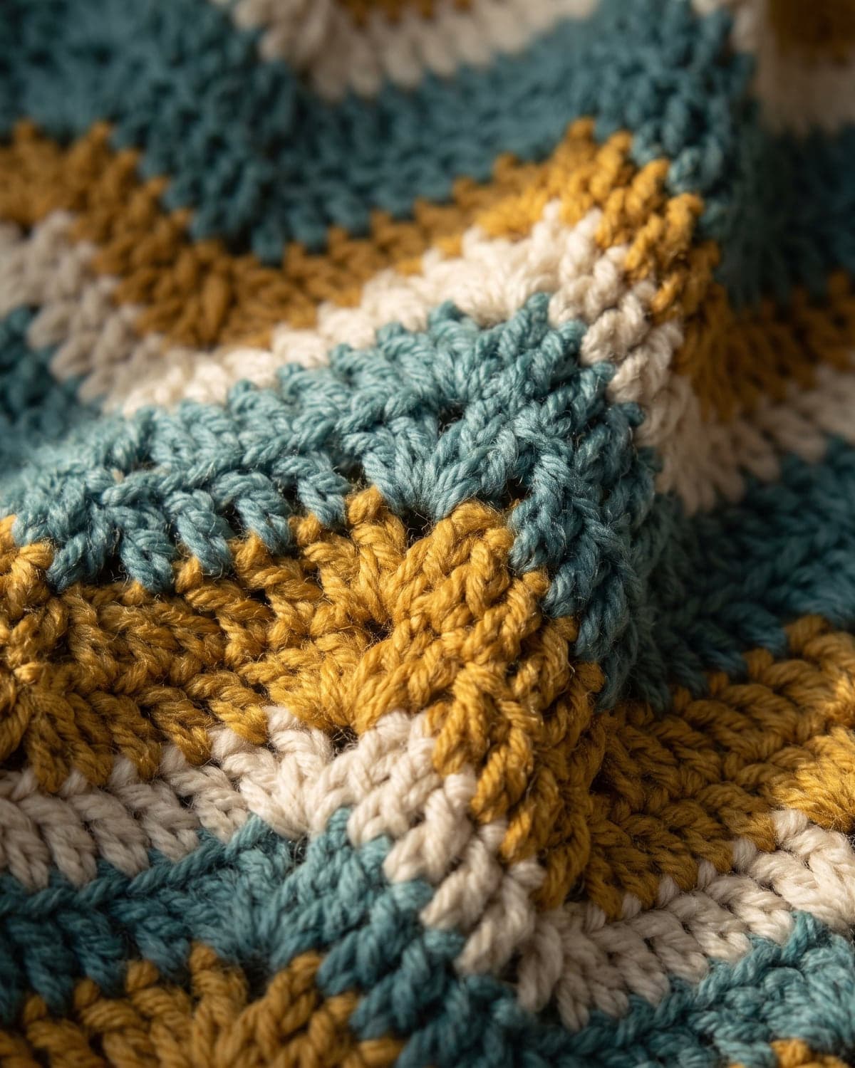 Close-up of a crochet ripple peak in teal, mustard and cream stripes
