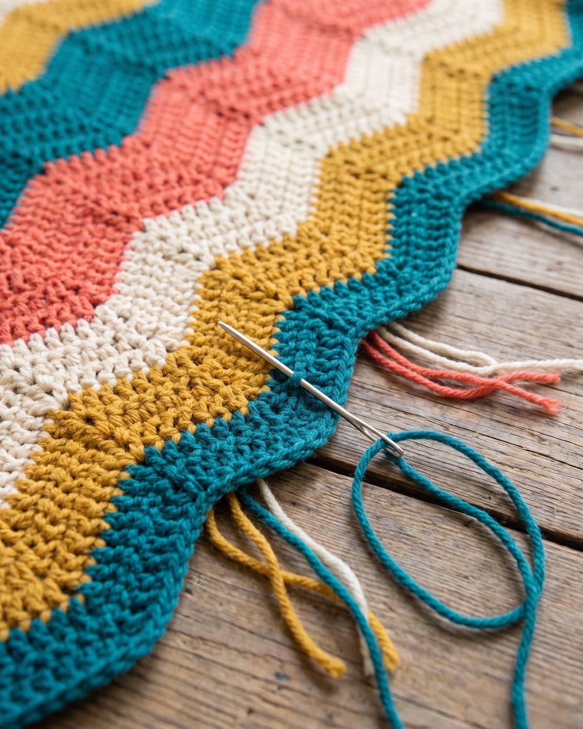Edge of a striped crochet ripple blanket with yarn tails and a needle for weaving in ends