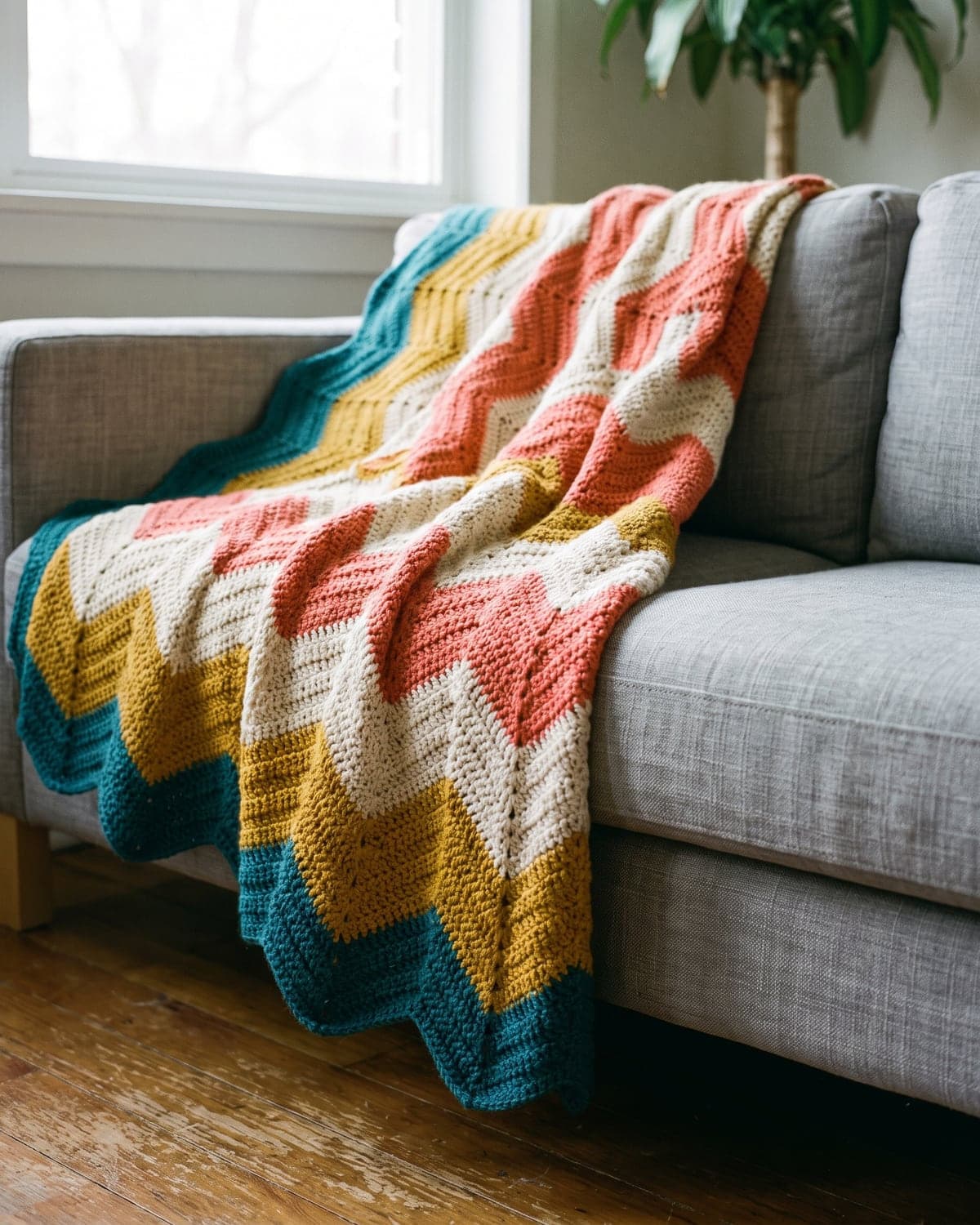 Crochet ripple blanket in zigzag stripes of teal, mustard, cream and coral draped over a grey sofa