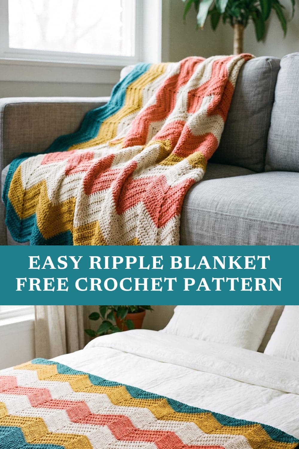 Pin graphic: Easy Ripple Crochet Blanket: Free Chevron Afghan Pattern