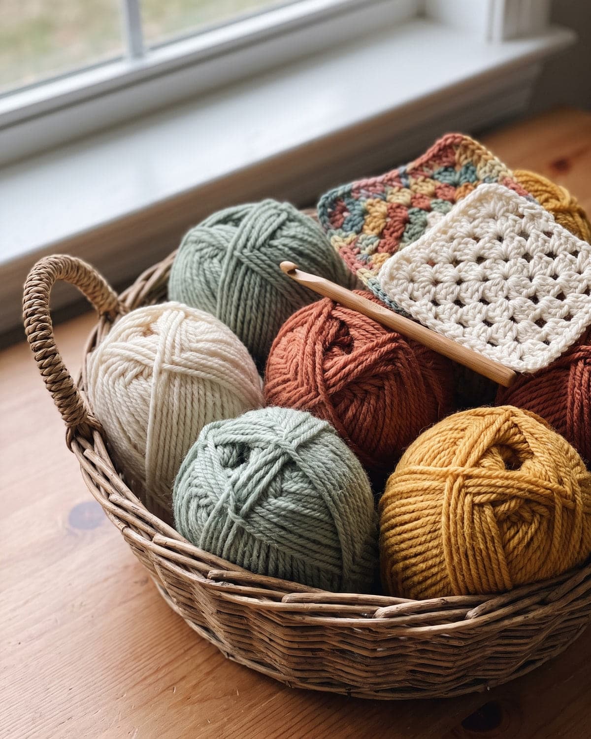Basket of yarn in cream, sage, terracotta and mustard with a crochet hook and two finished granny squares