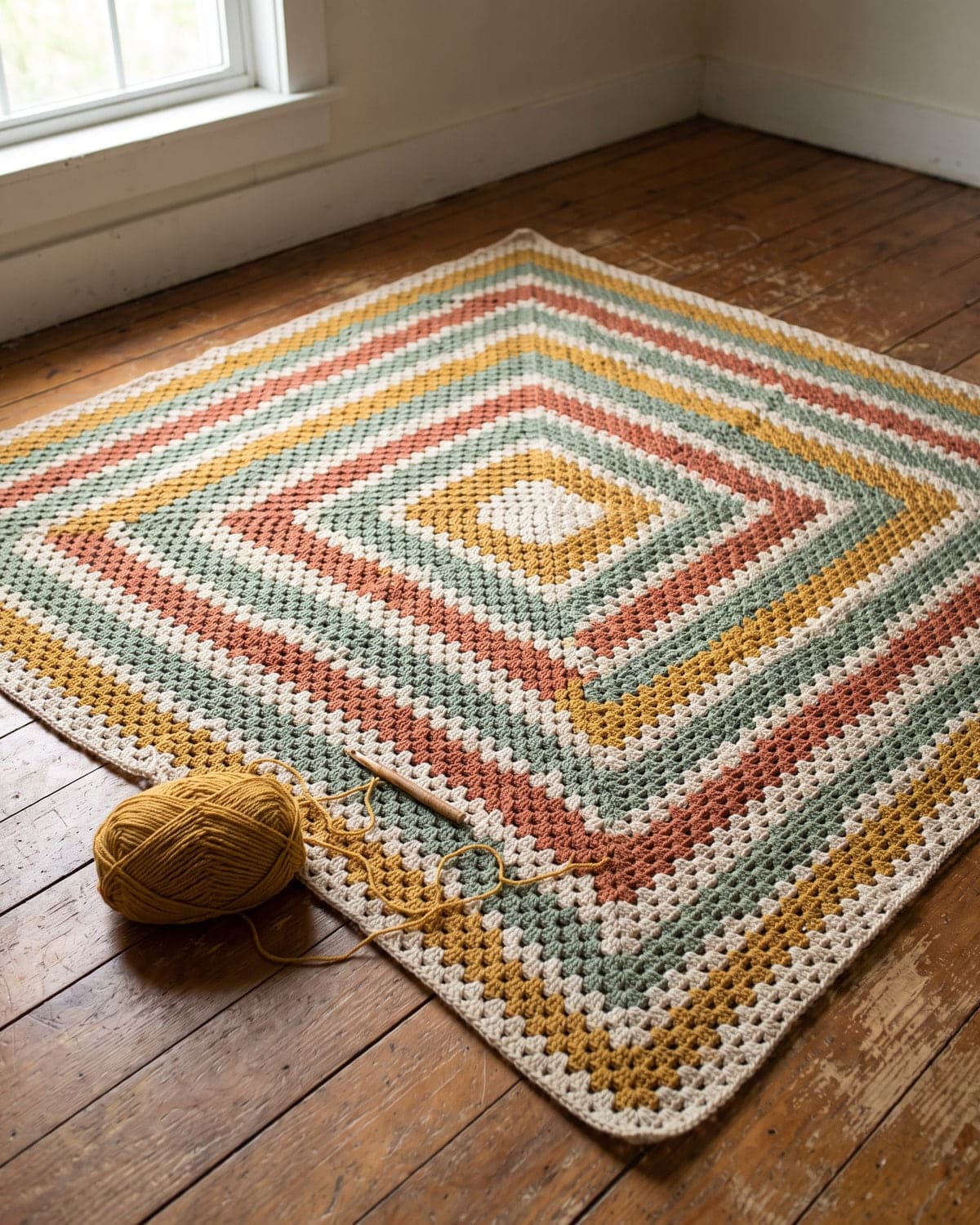 Large single granny square blanket in stripes of cream, sage, terracotta and mustard spread on a wooden floor