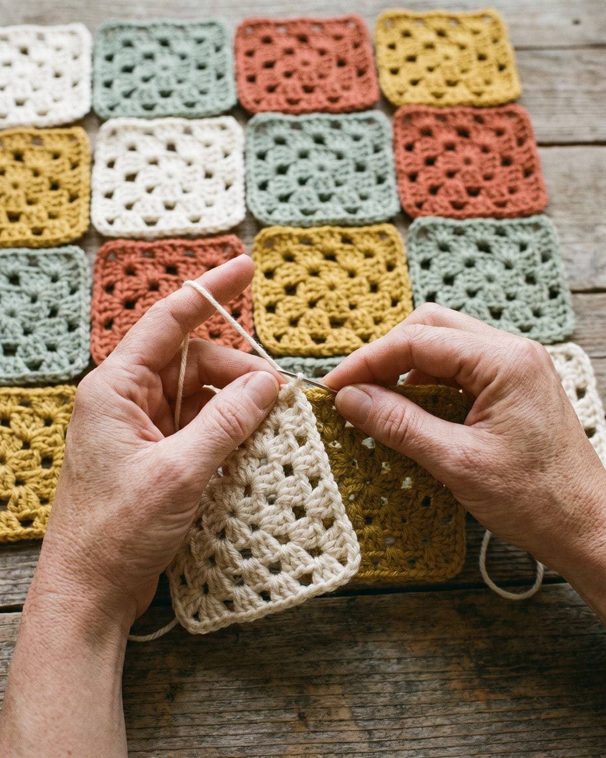 Hands joining two granny squares with cream yarn, with more squares laid out in a grid behind
