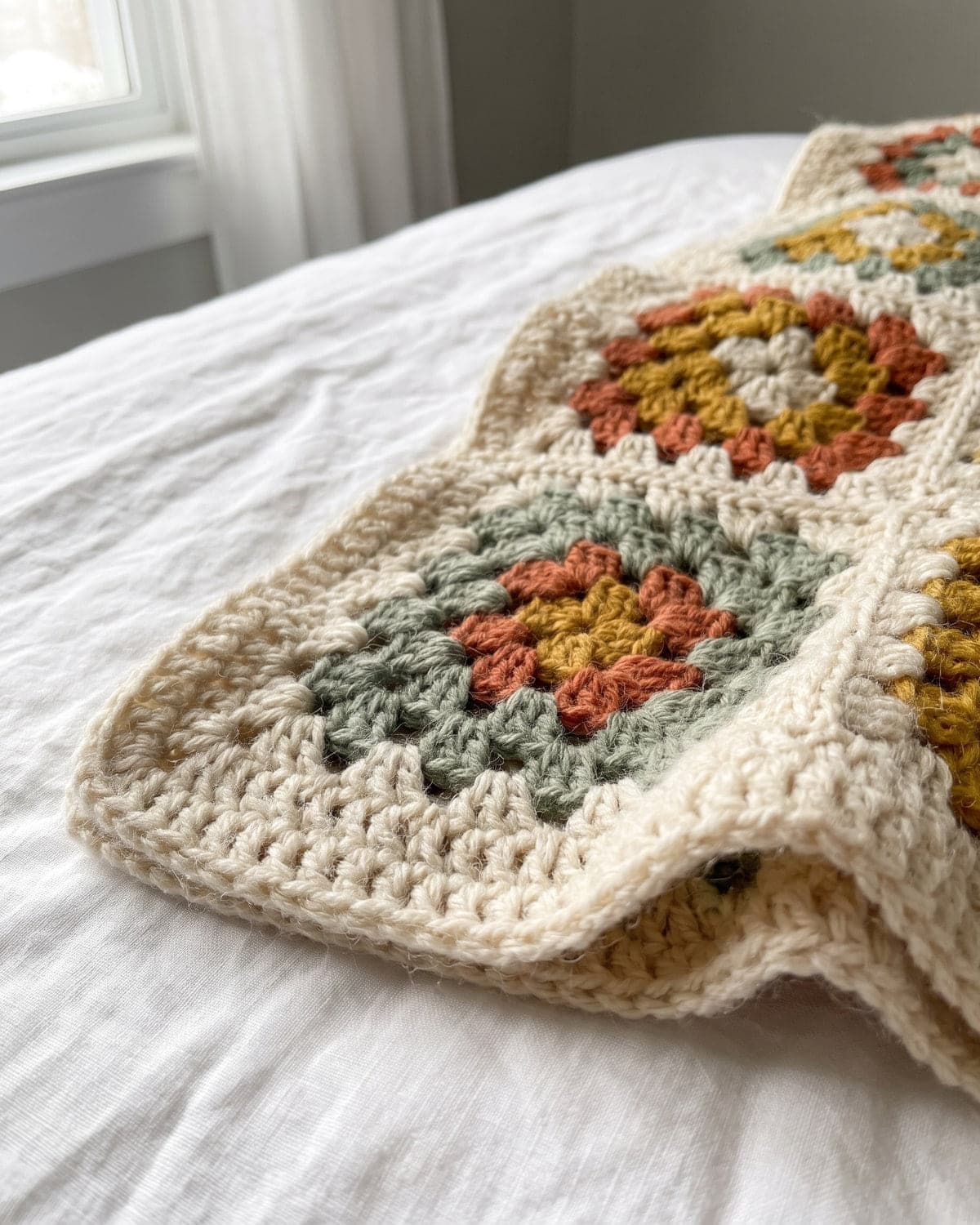 Corner of a granny square blanket with a cream border, folded on a bed