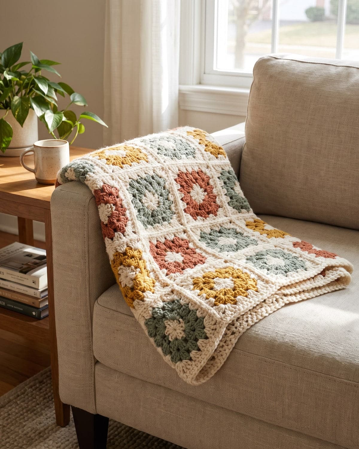 Granny square blanket in cream, sage green, terracotta and mustard draped over the arm of a sofa