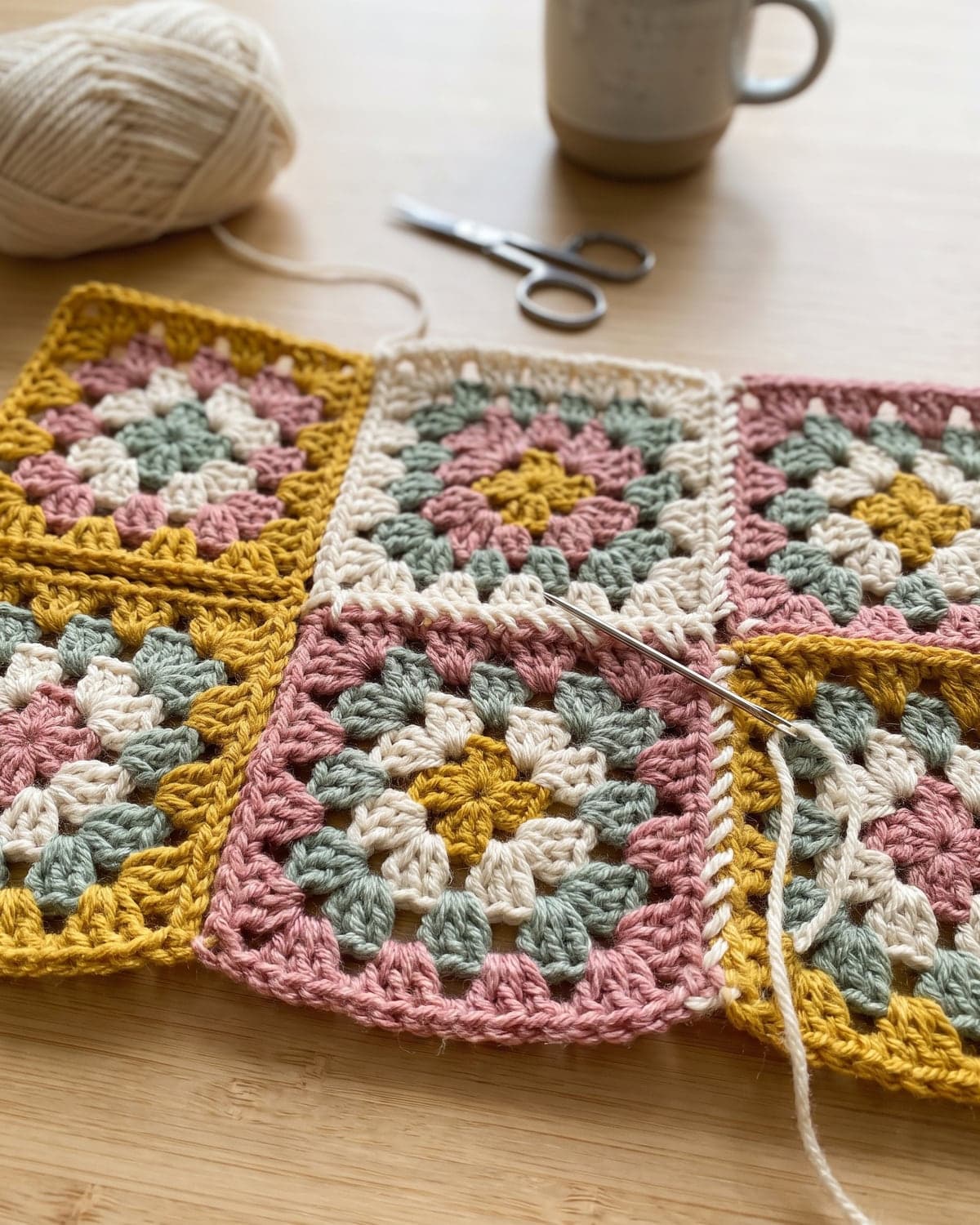Six crochet granny squares being sewn together with a tapestry needle and cream yarn
