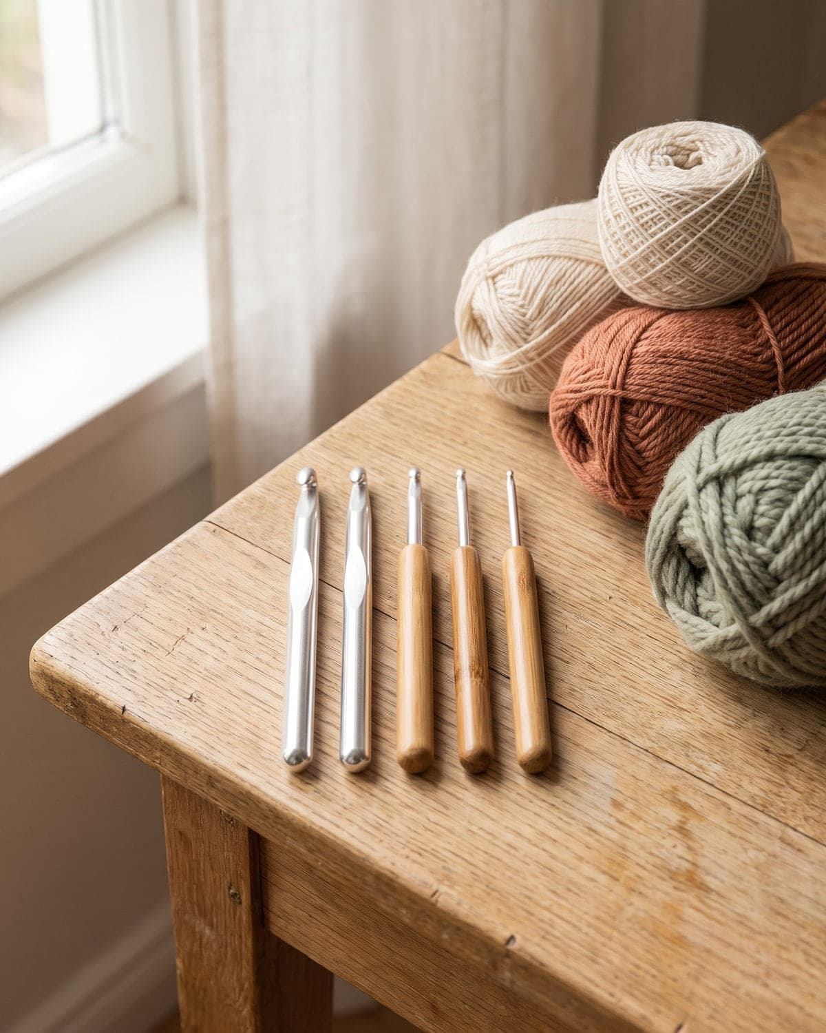 Five crochet hooks in a row on a wooden table beside balls of cream, terracotta and sage yarn