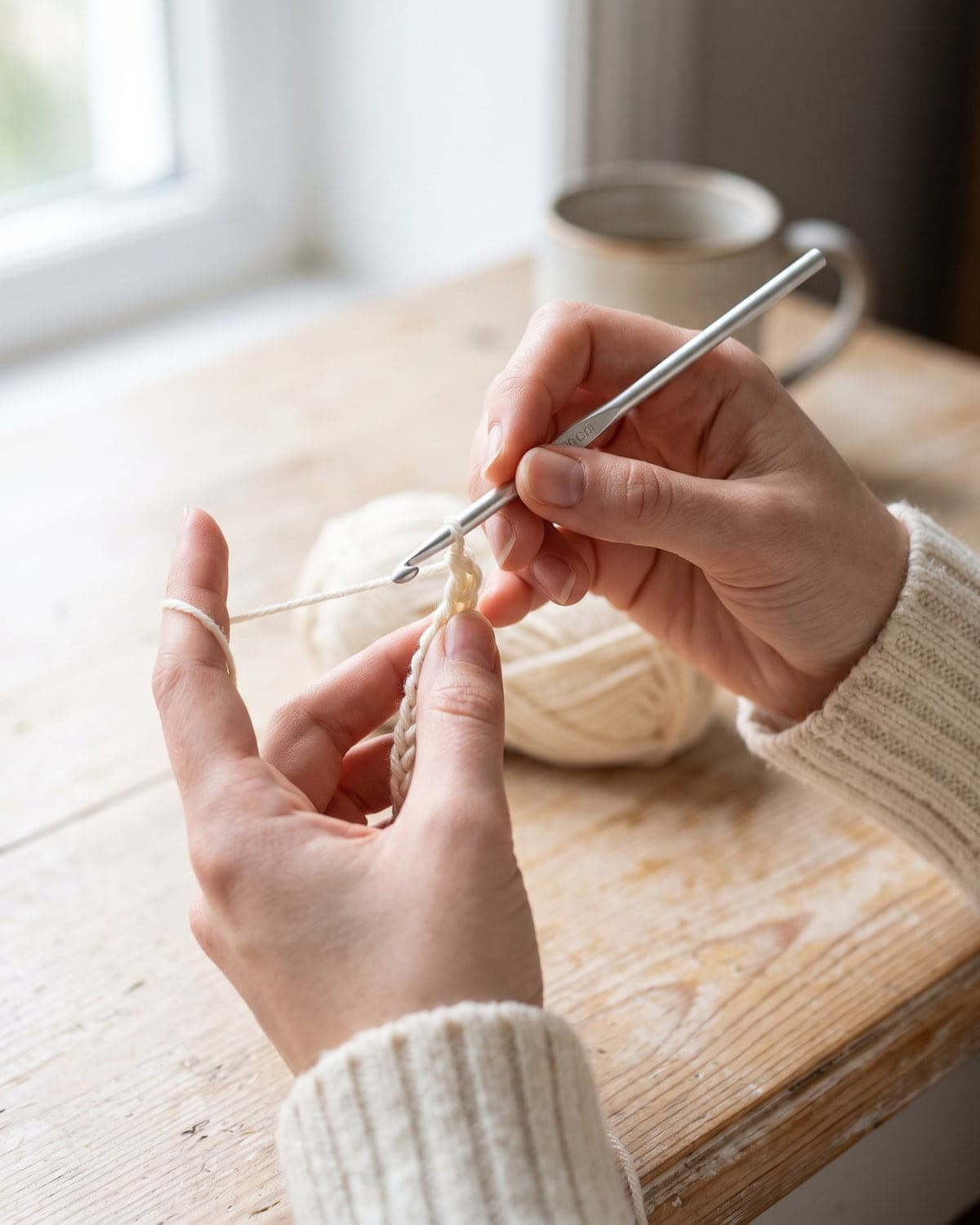 Two hands crocheting a short chain in cream yarn with an aluminium hook