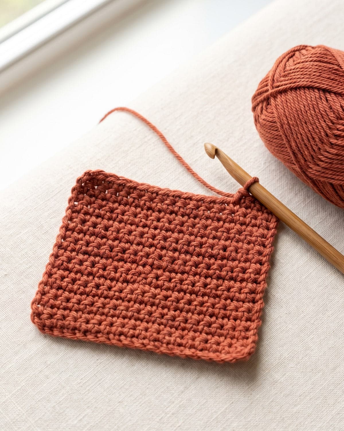 Terracotta crochet practice swatch in progress with a bamboo hook and a ball of yarn
