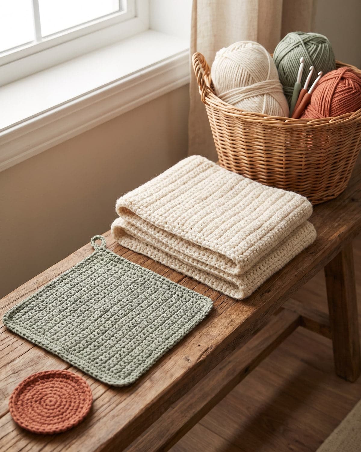 Folded cream scarf, sage green dishcloth and round terracotta coaster on a wooden bench