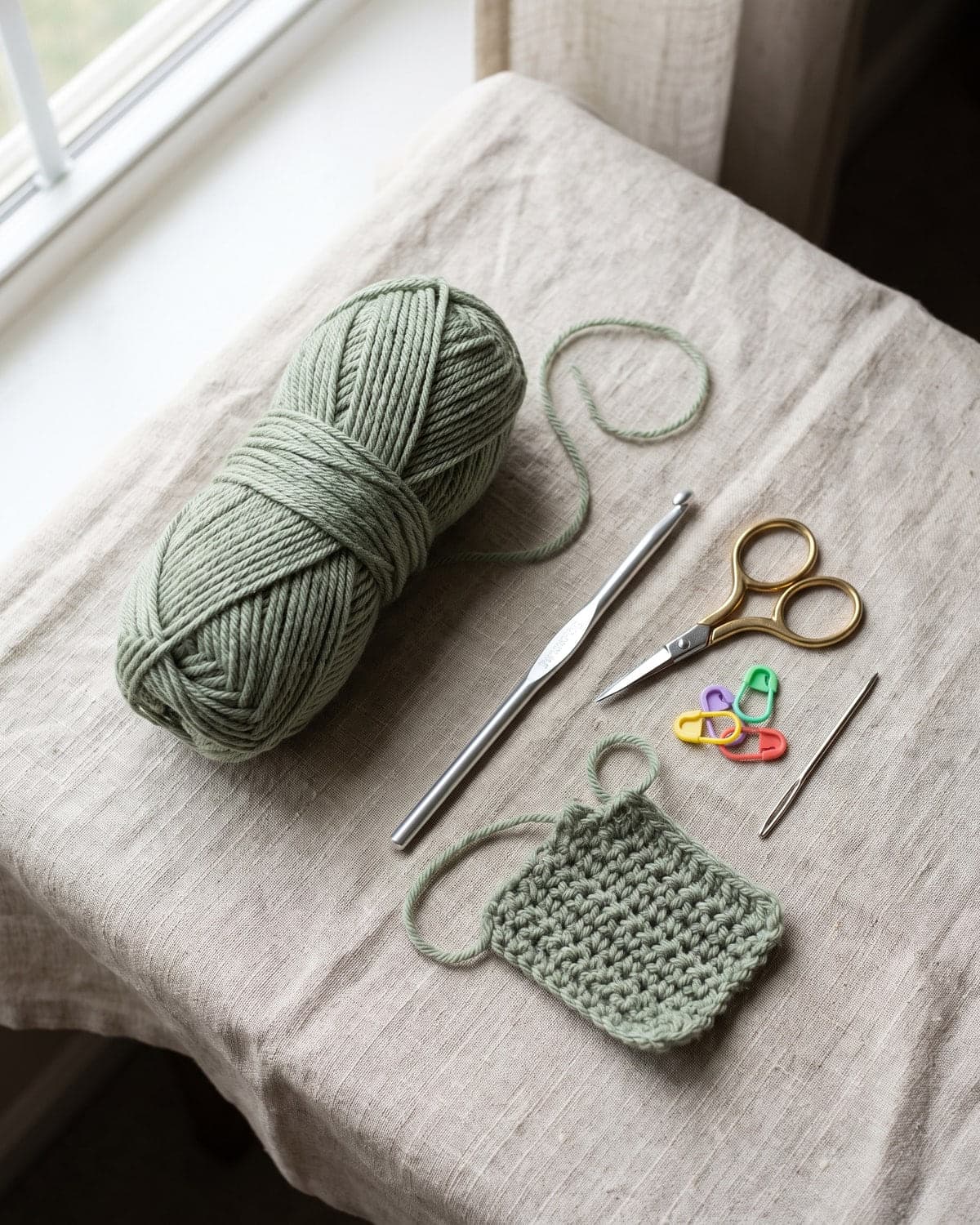 Sage green yarn, a crochet hook, scissors, stitch markers, a needle and a small crochet swatch on a linen cloth