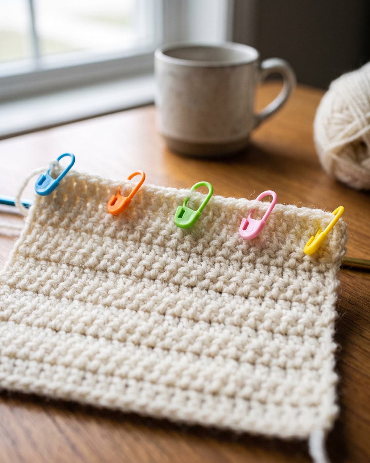 Cream crochet swatch with colourful locking stitch markers clipped along the top edge