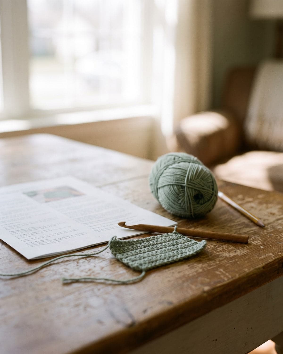 Printed crochet pattern on a wooden table with a crochet hook, sage green yarn and a small swatch in progress