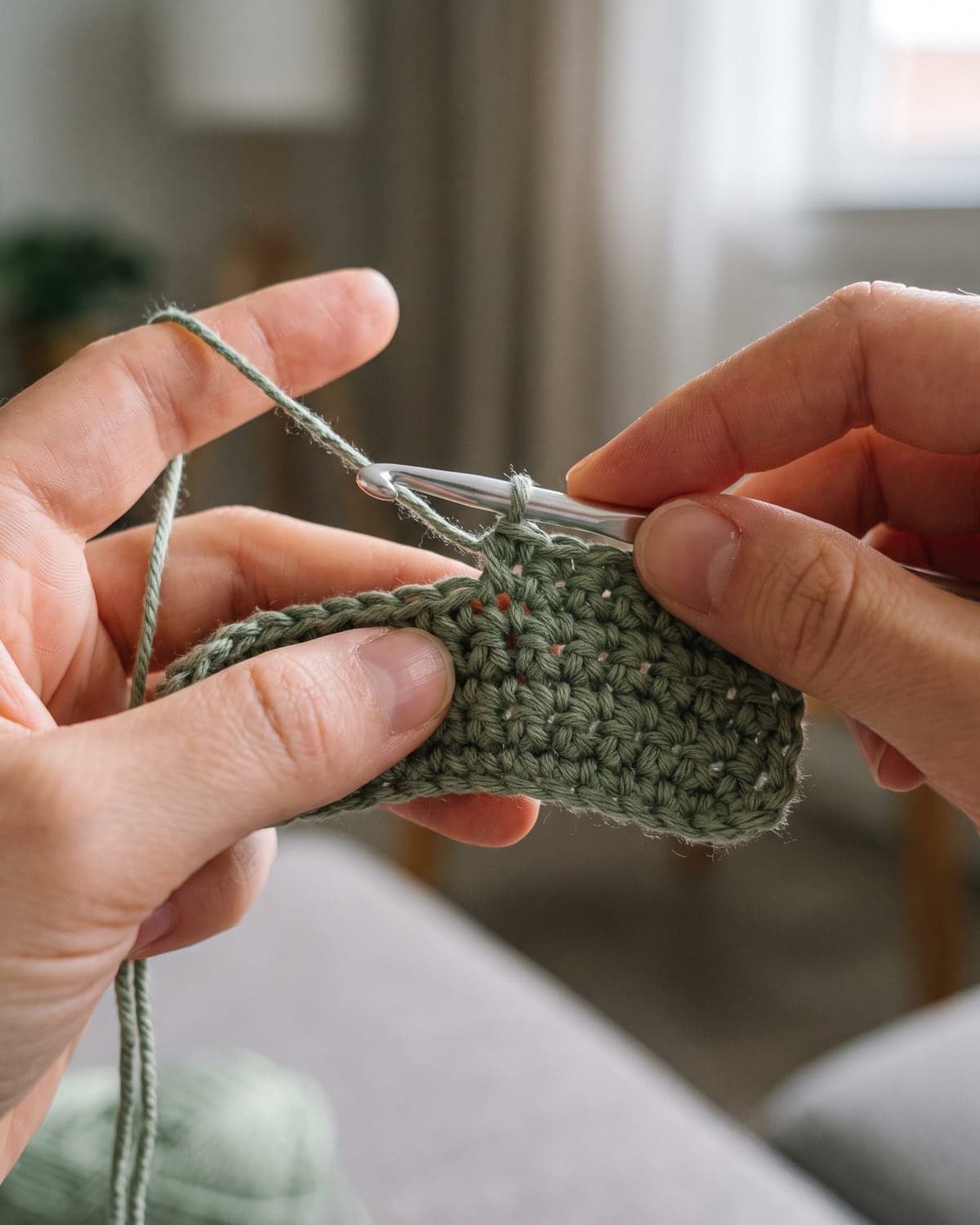 Hands crocheting moss stitch in sage green yarn, with the hook going into a chain space