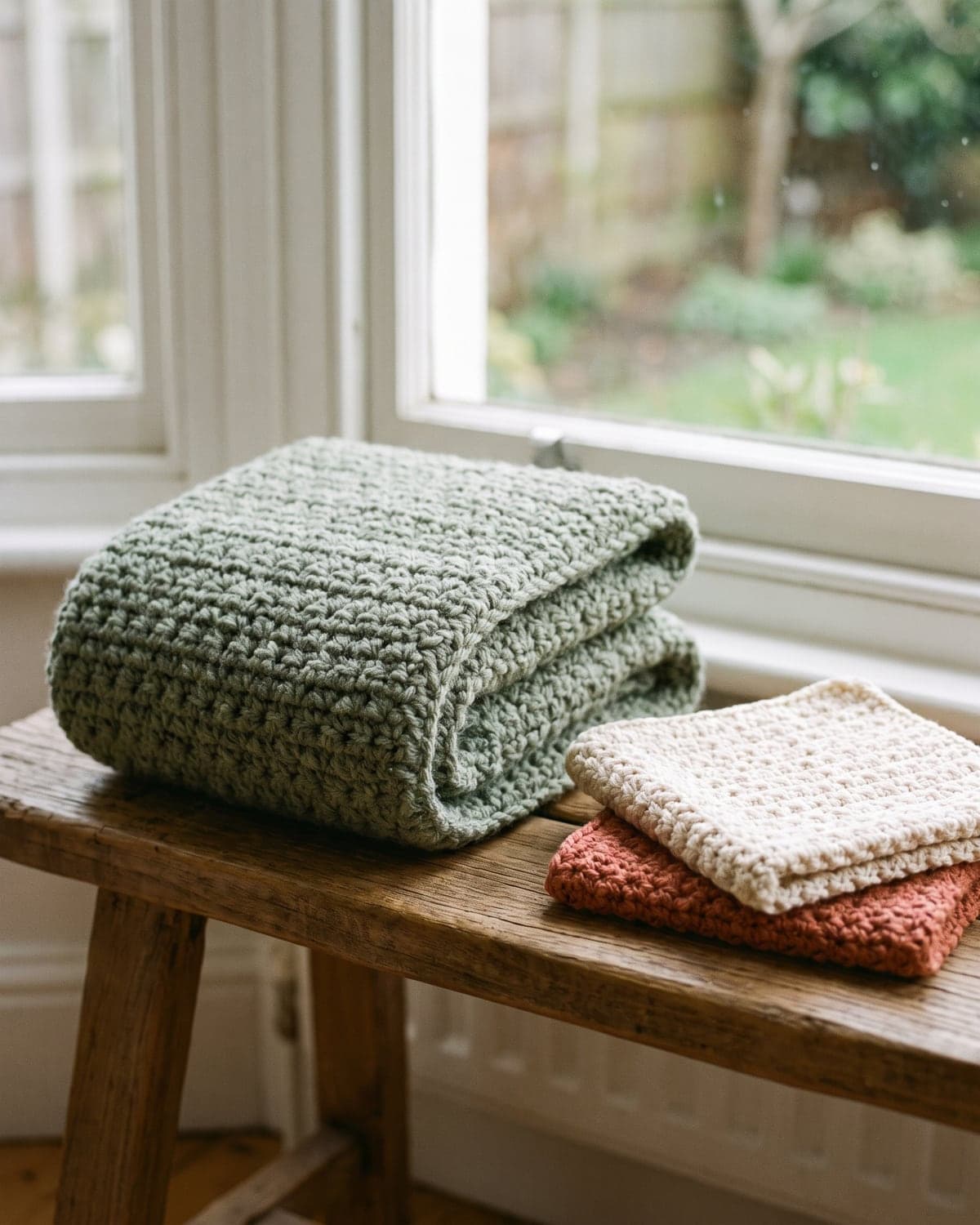 Folded sage green crochet scarf beside cream and terracotta crochet cloths on a wooden bench