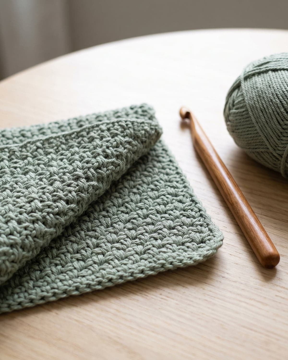Folded sage green crochet moss stitch swatch beside a wooden hook and a ball of sage yarn