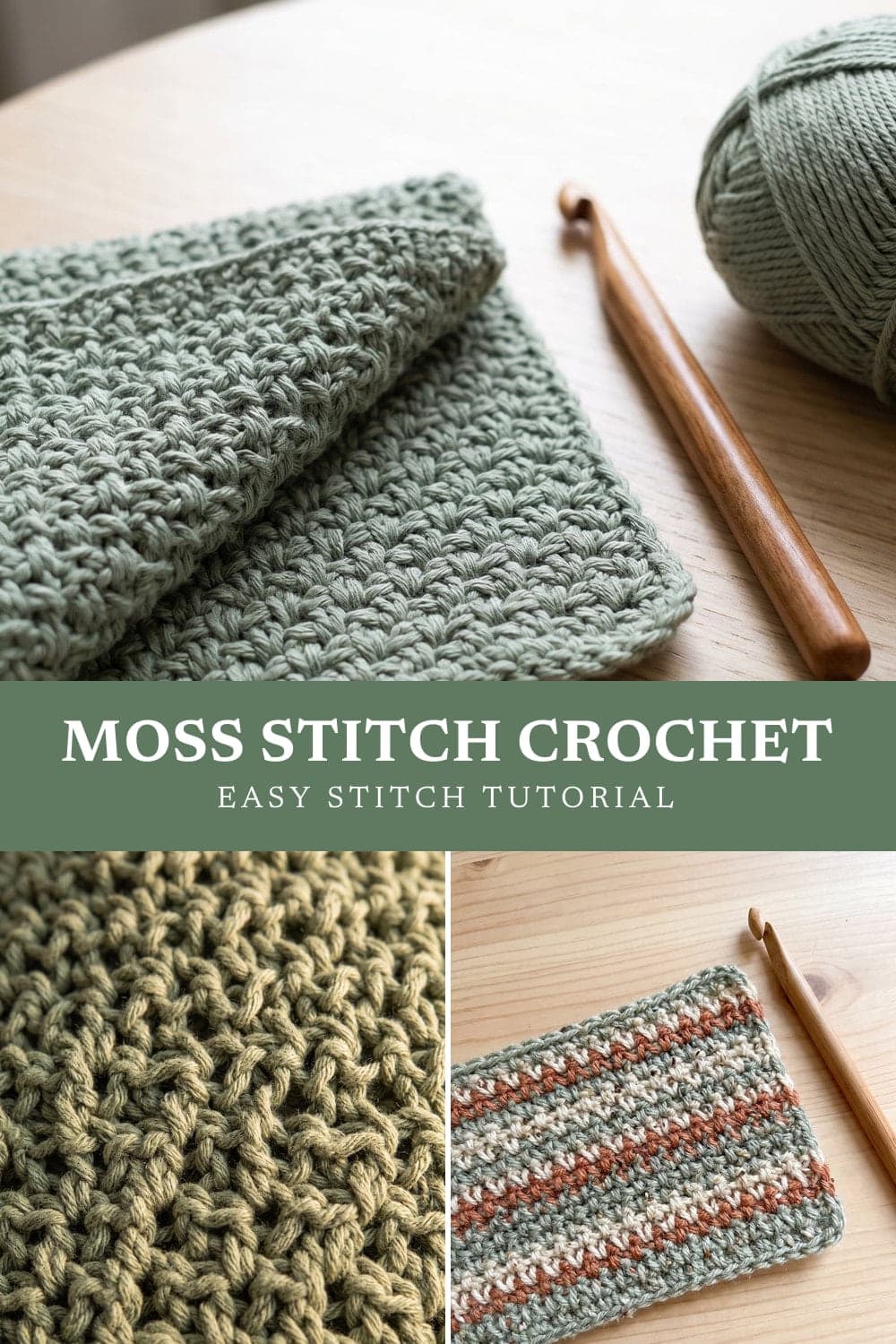 Pin graphic: Moss Stitch Crochet Tutorial: Easy Linen Stitch for Beginners